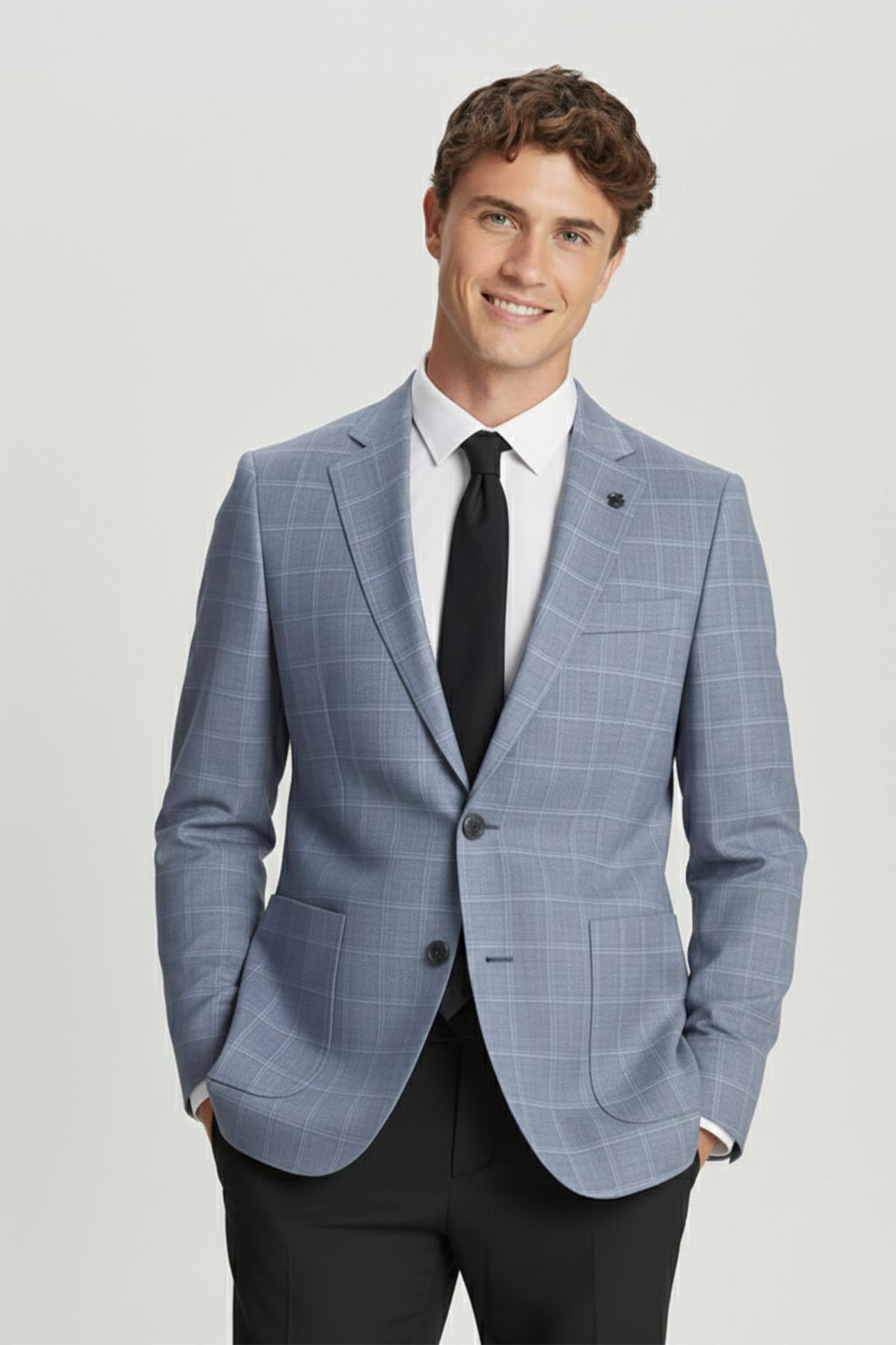 Erkek Mavi Dar Kesim Slim Fit Pamuklu Ekose Çift Yırtmaçlı Torba Cep Mono Yaka 6 Drop Ceket