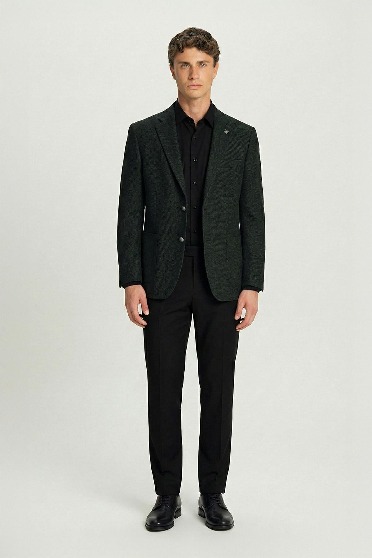 Men's Green Slim Fit Wool Blend Patch Pocket Stand-Up Collar 4 Drop Jacket