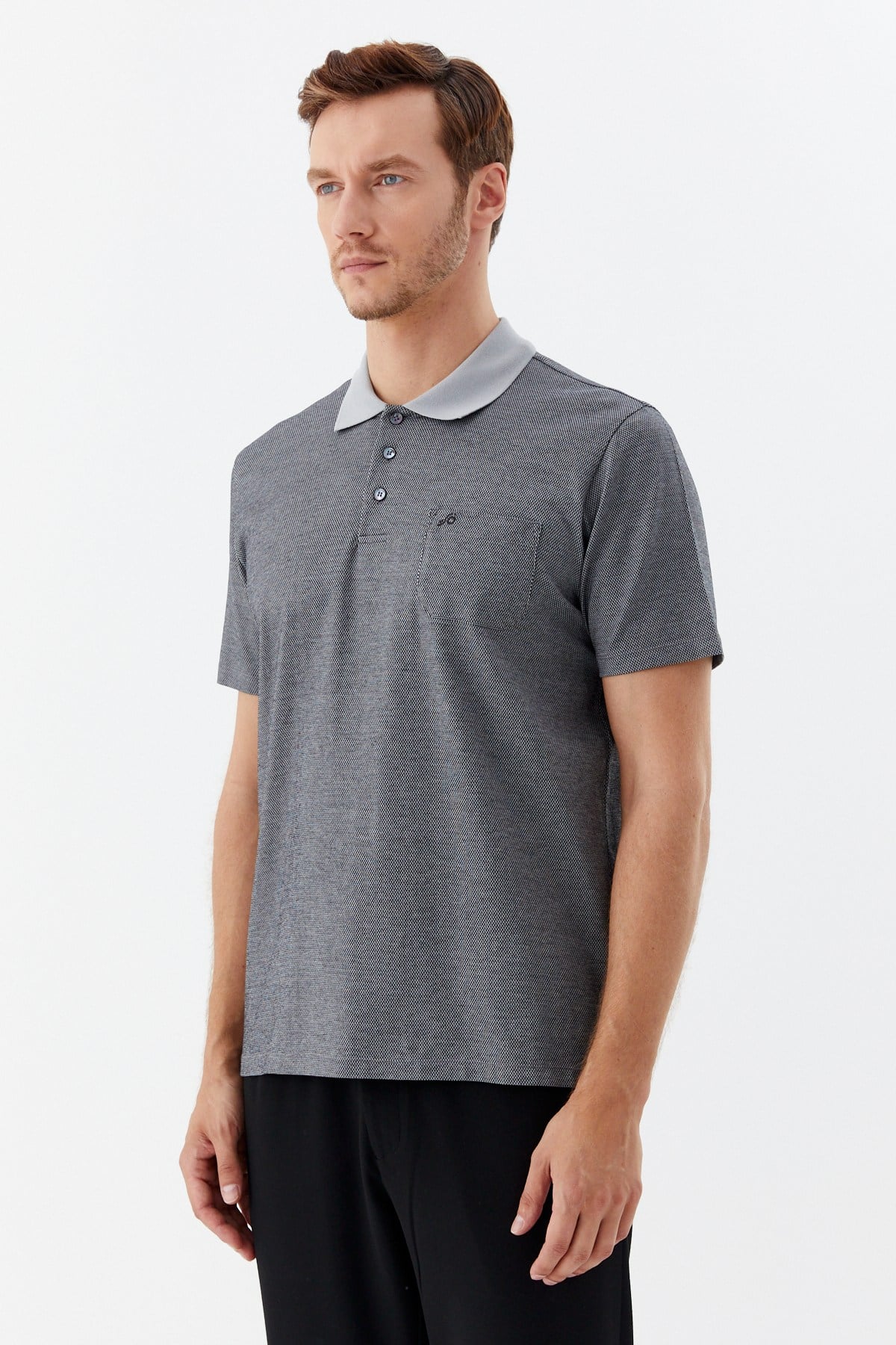 Siyah %100 Pamuk Regular Fit Jakar Desenli Cepli Polo Yaka T-Shirt