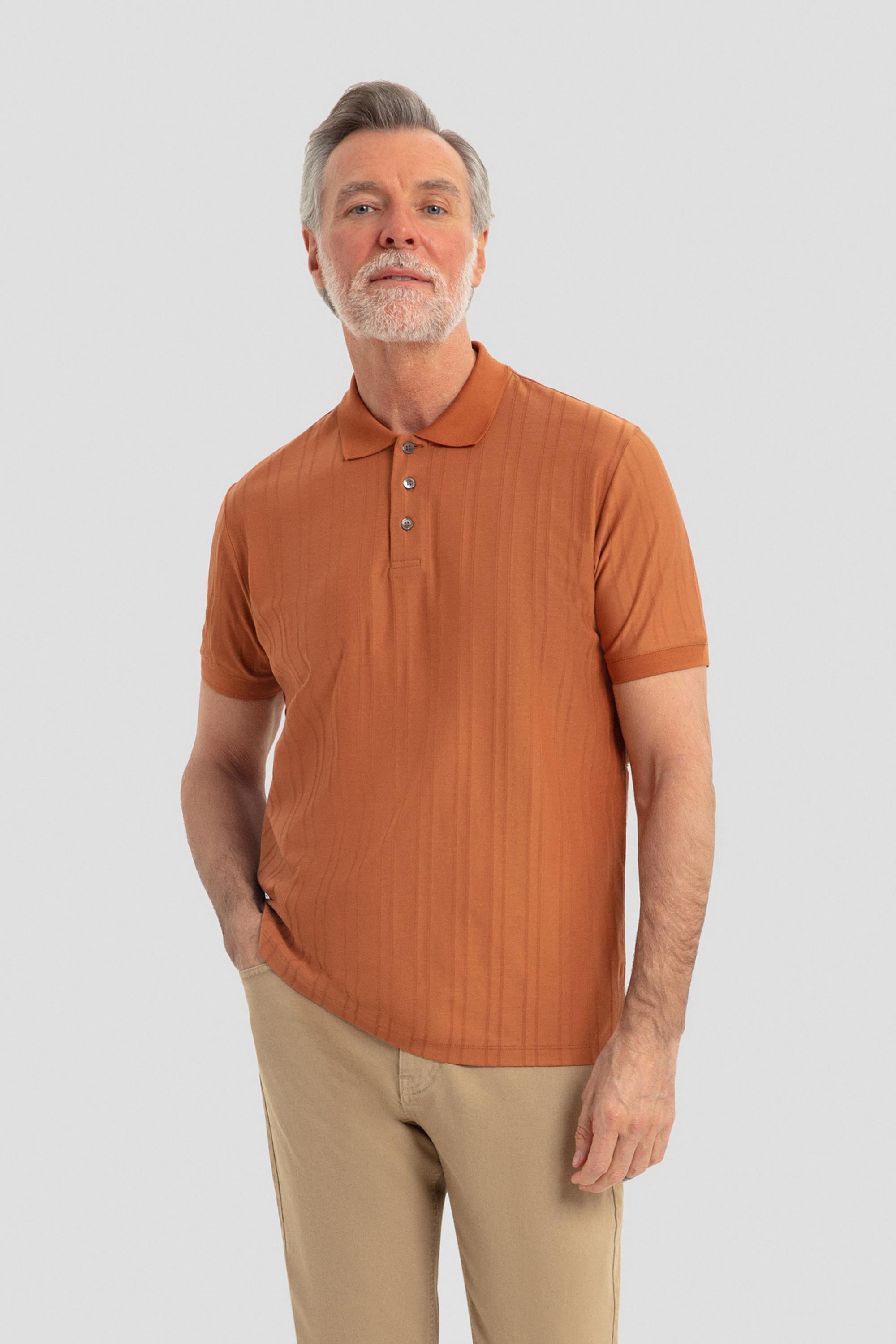 Düğmeli Jakar Desenli Polo Yaka Erkek T-Shirt Tarçın