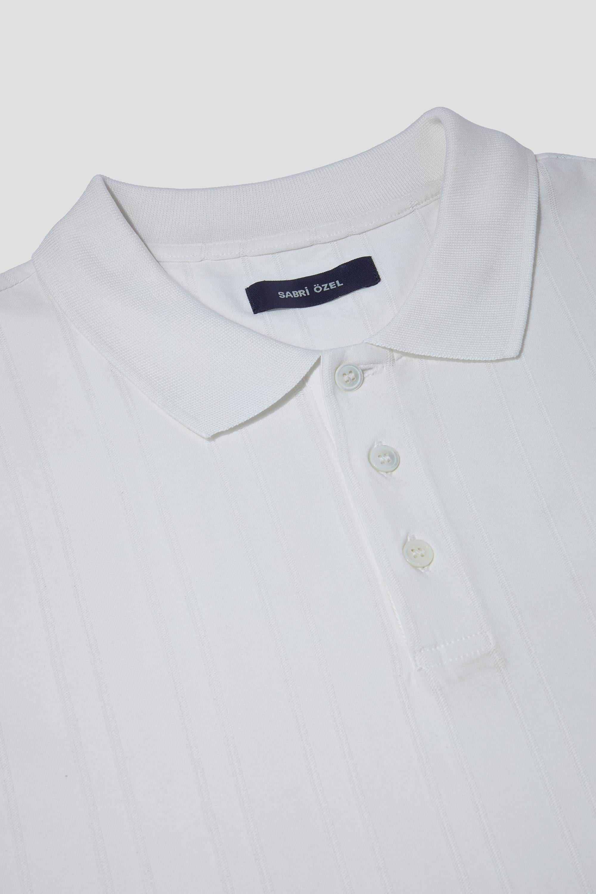 Beyaz %100 Pamuk Regular Fit Jakar Desenli Polo Yaka T-Shirt