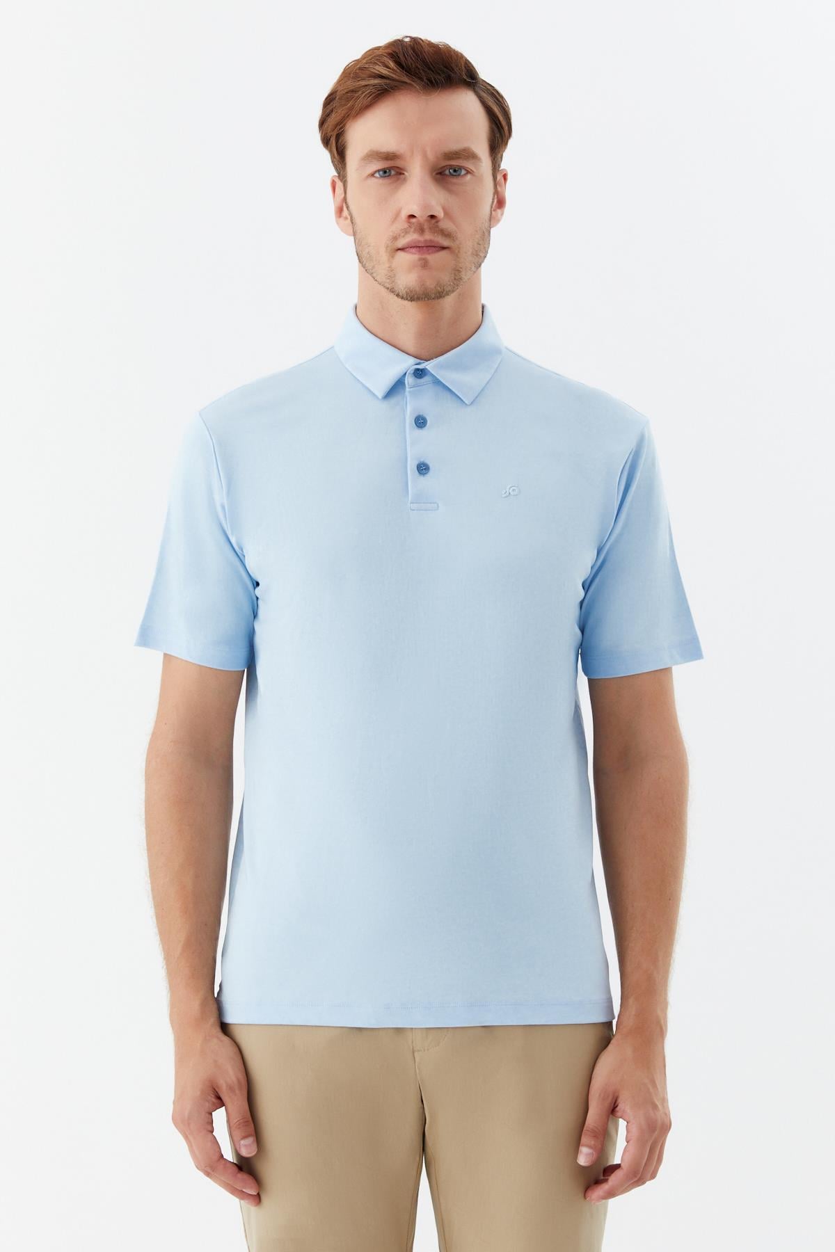 Erkek Mavi Dar Kesim Slim Fit Pamuklu Dokuma Polo Yaka Tişört
