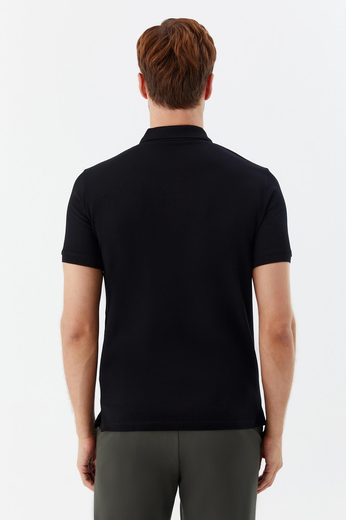 Erkek Siyah Dar Kesim Slim Fit %100 Pamuk Dokuma Düğmeli Polo Yaka T-Shirt