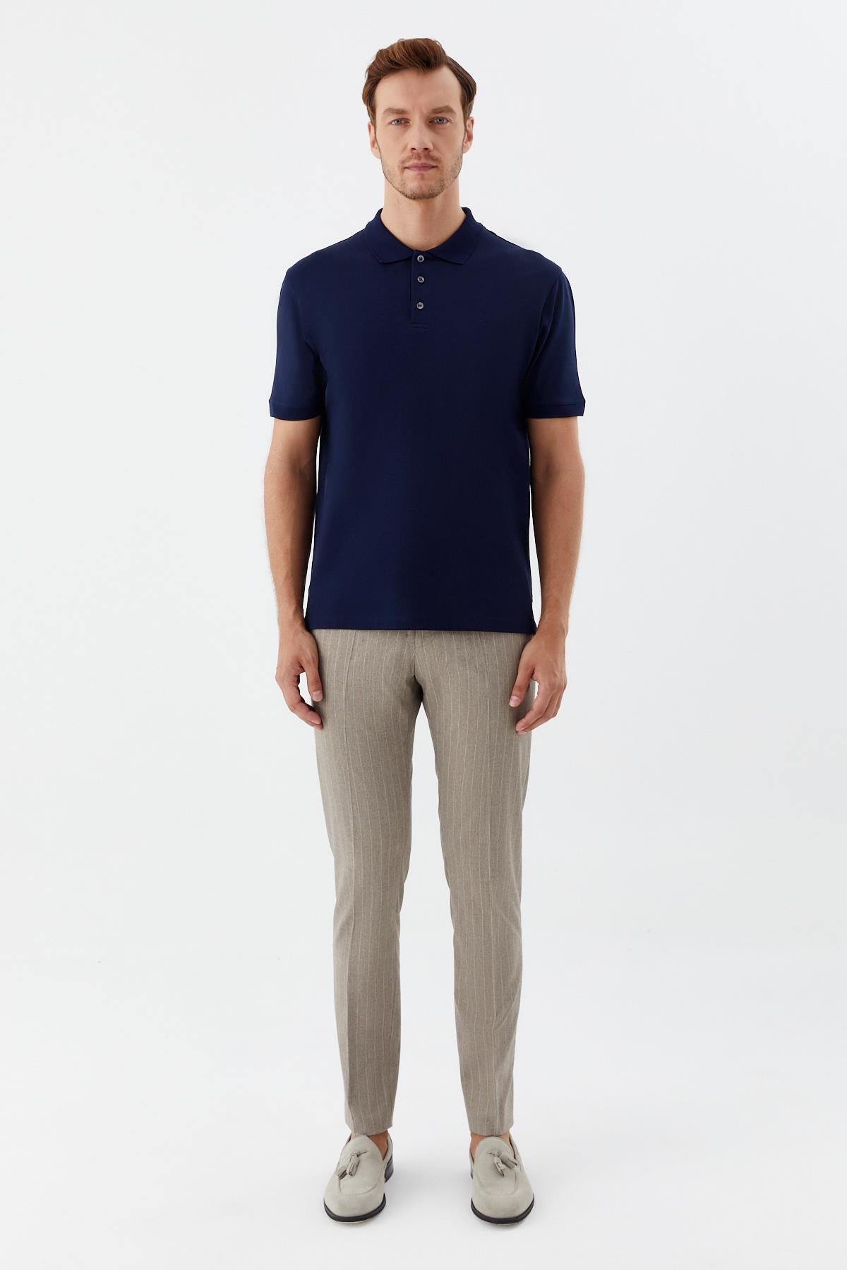 Lacivert %100 Pamuk Dokuma Slim Fit Polo Yaka T-Shirt