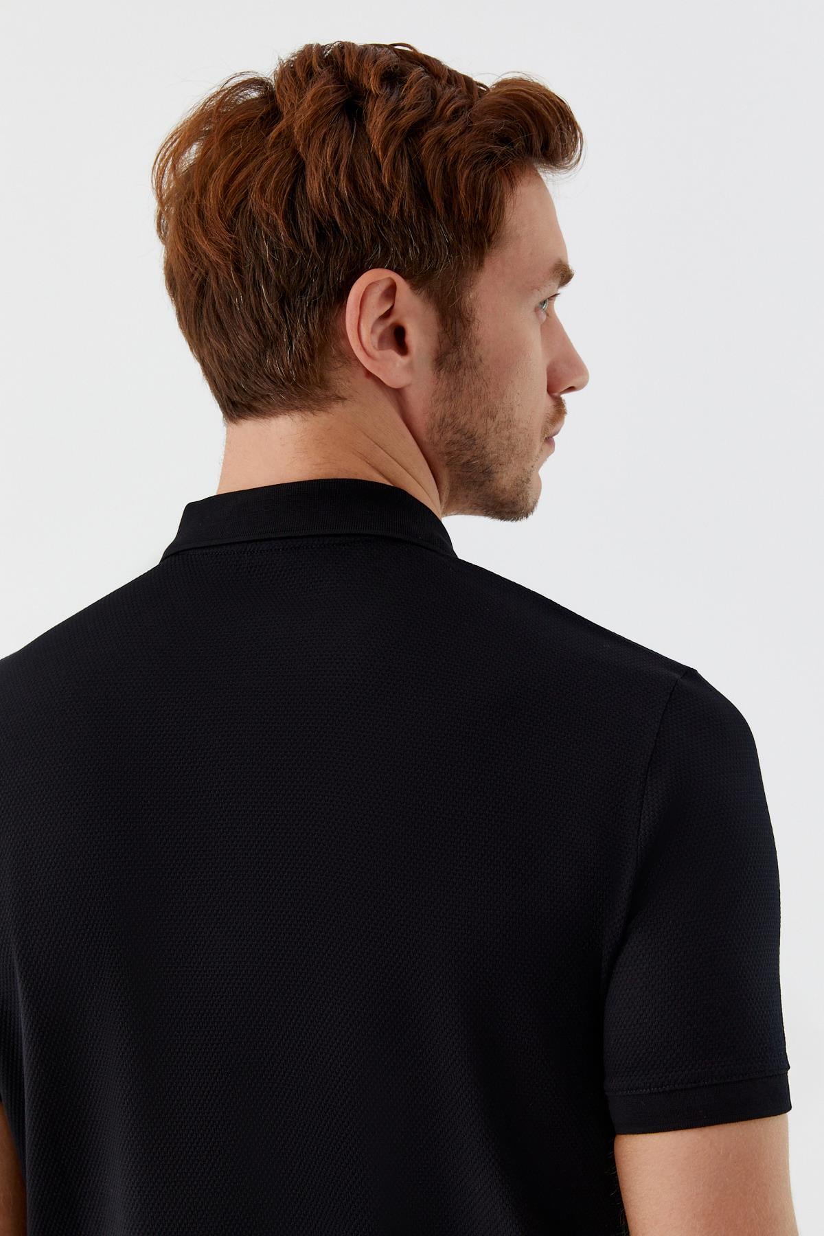 Erkek Siyah Dar Kesim Slim Fit %100 Pamuk Dokuma Düğmeli Polo Yaka T-Shirt