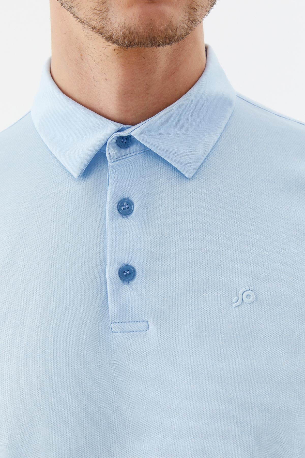 Erkek Mavi Dar Kesim Slim Fit Pamuklu Dokuma Polo Yaka Tişört