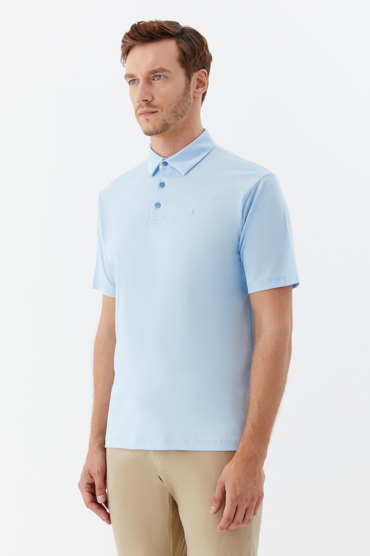 Erkek Mavi Dar Kesim Slim Fit Pamuklu Dokuma Polo Yaka Tişört