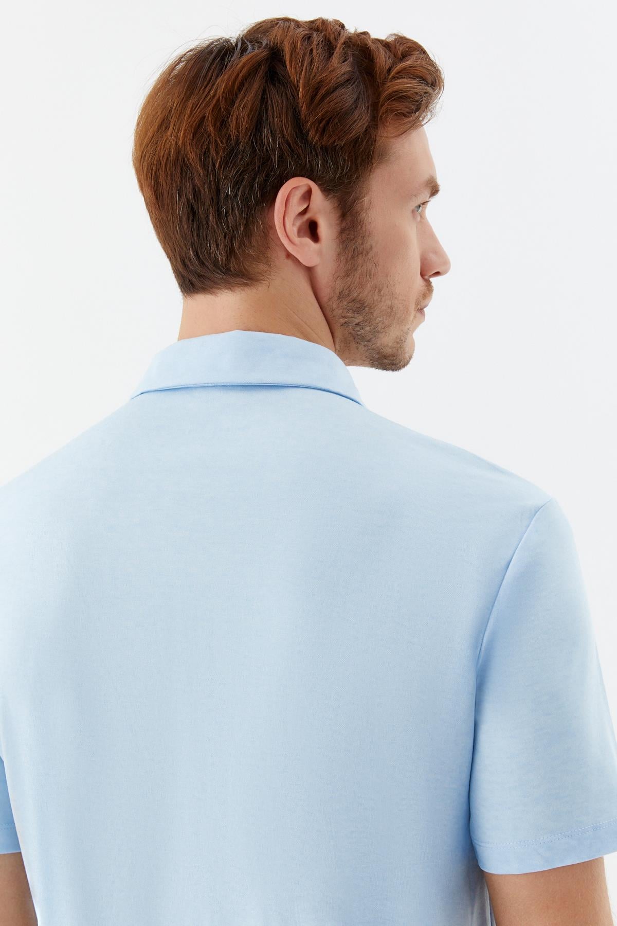 Erkek Mavi Dar Kesim Slim Fit Pamuklu Dokuma Polo Yaka Tişört