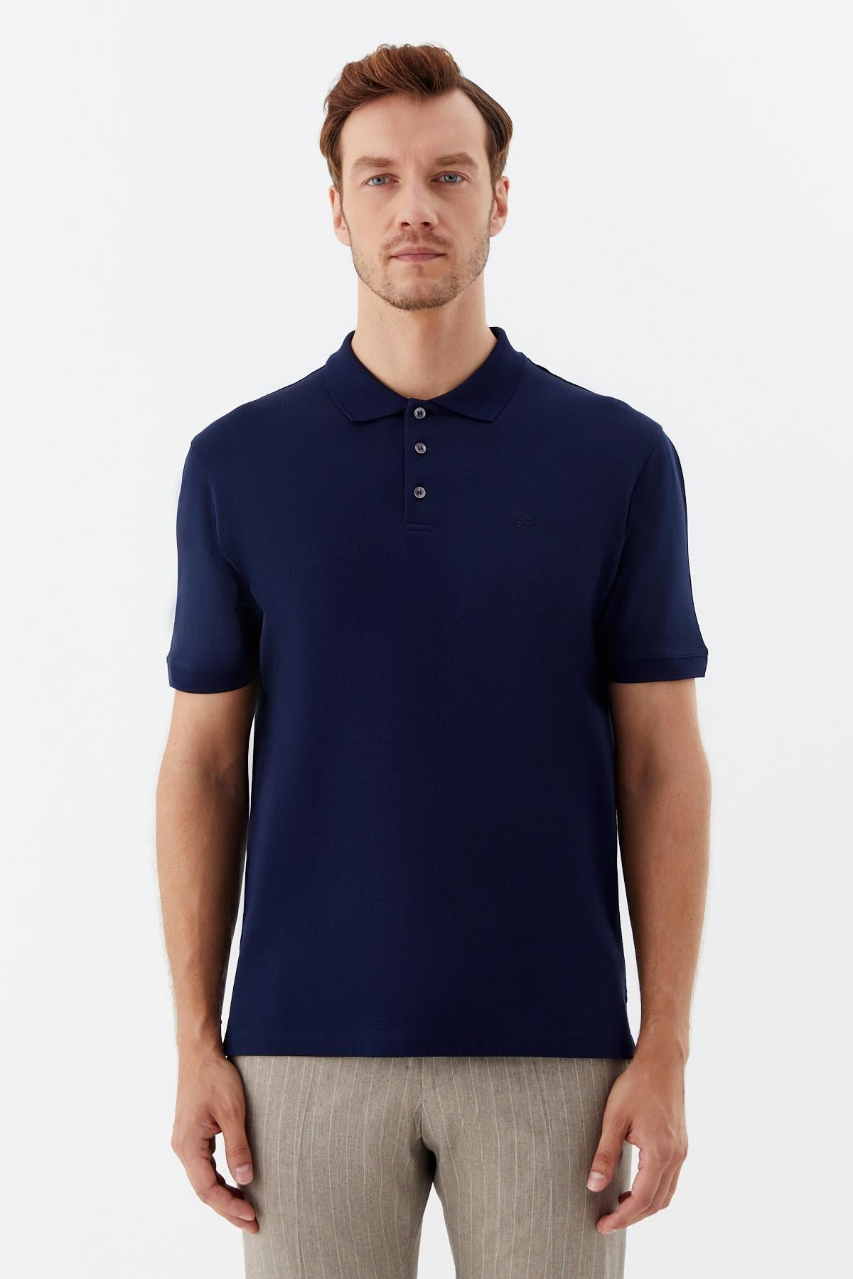 Erkek Lacivert Dar Kesim Slim Fit %100 Pamuk Dokuma Düğmeli Polo Yaka Tişört