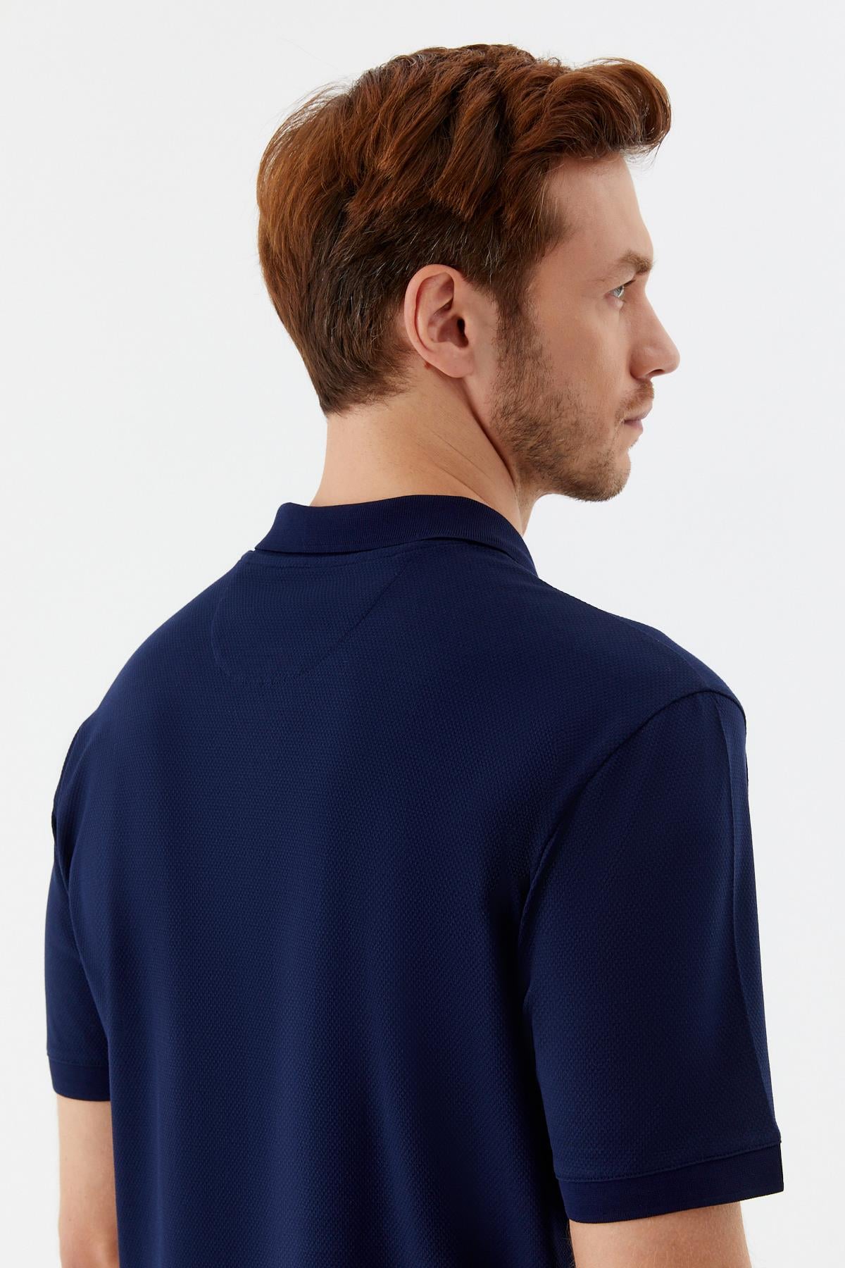 Erkek Lacivert Dar Kesim Slim Fit %100 Pamuk Dokuma Düğmeli Polo Yaka Tişört