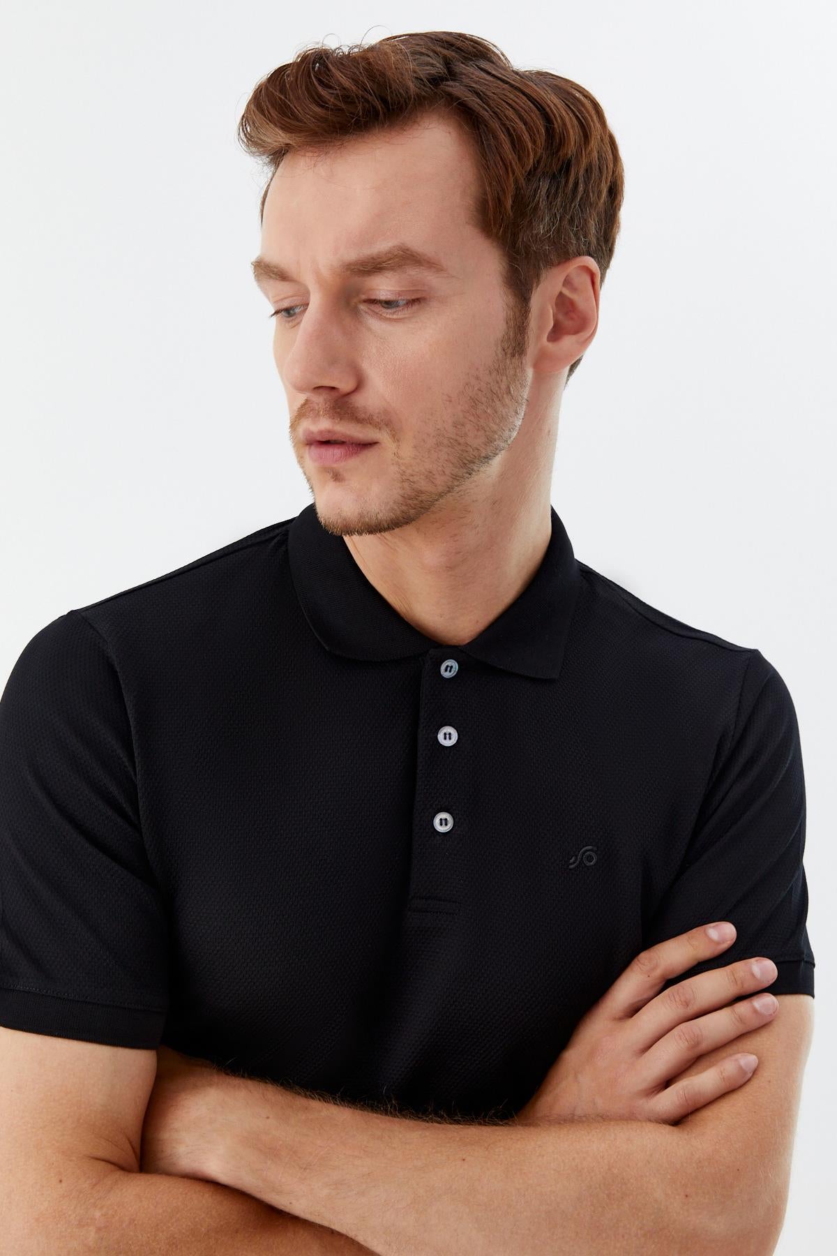 Siyah %100 Pamuk Dokuma Slim Fit Polo Yaka T-Shirt