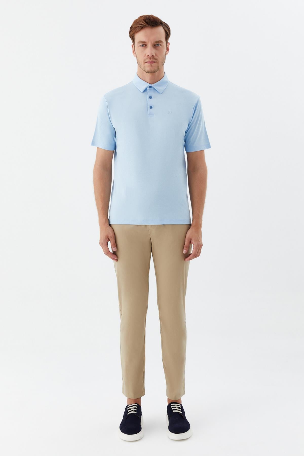 Erkek Mavi Dar Kesim Slim Fit Pamuklu Dokuma Polo Yaka Tişört