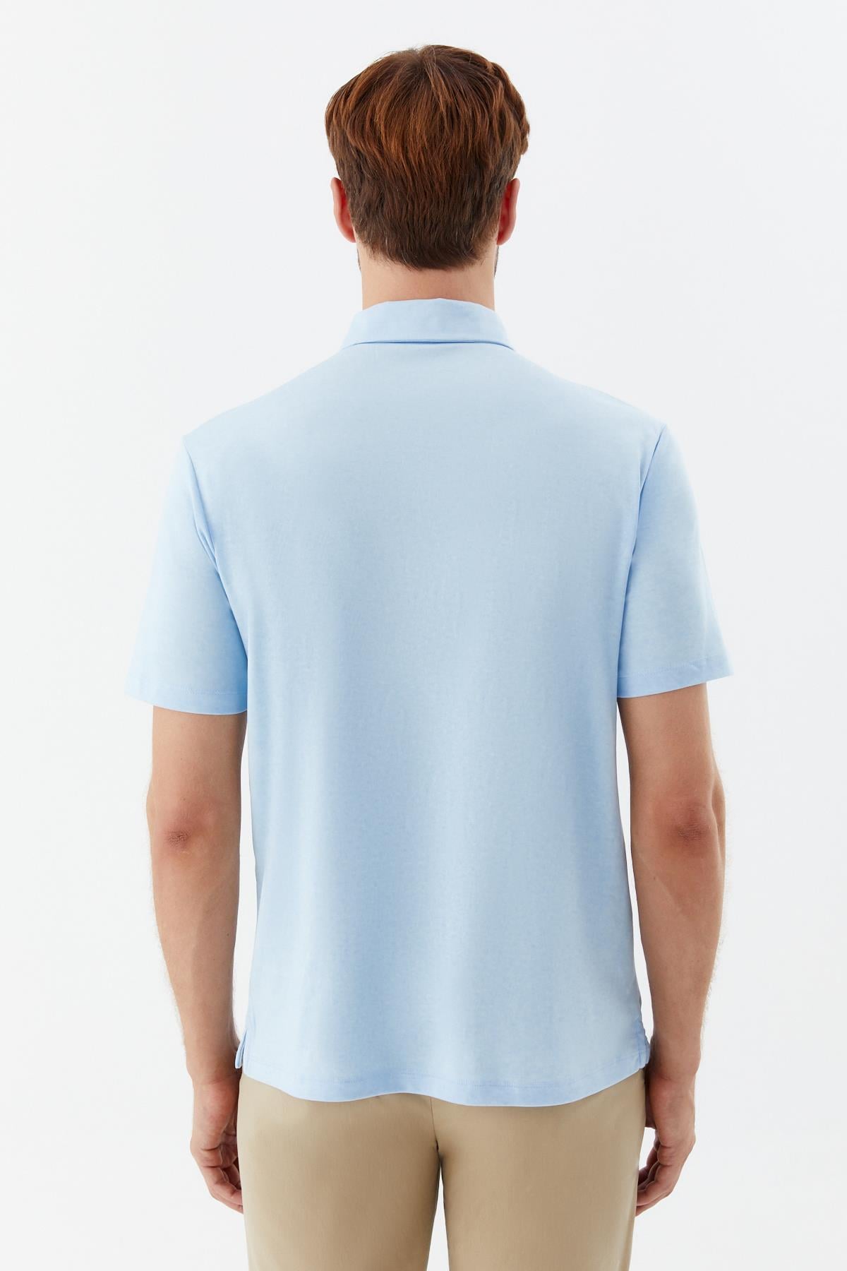 Erkek Mavi Dar Kesim Slim Fit Pamuklu Dokuma Polo Yaka Tişört