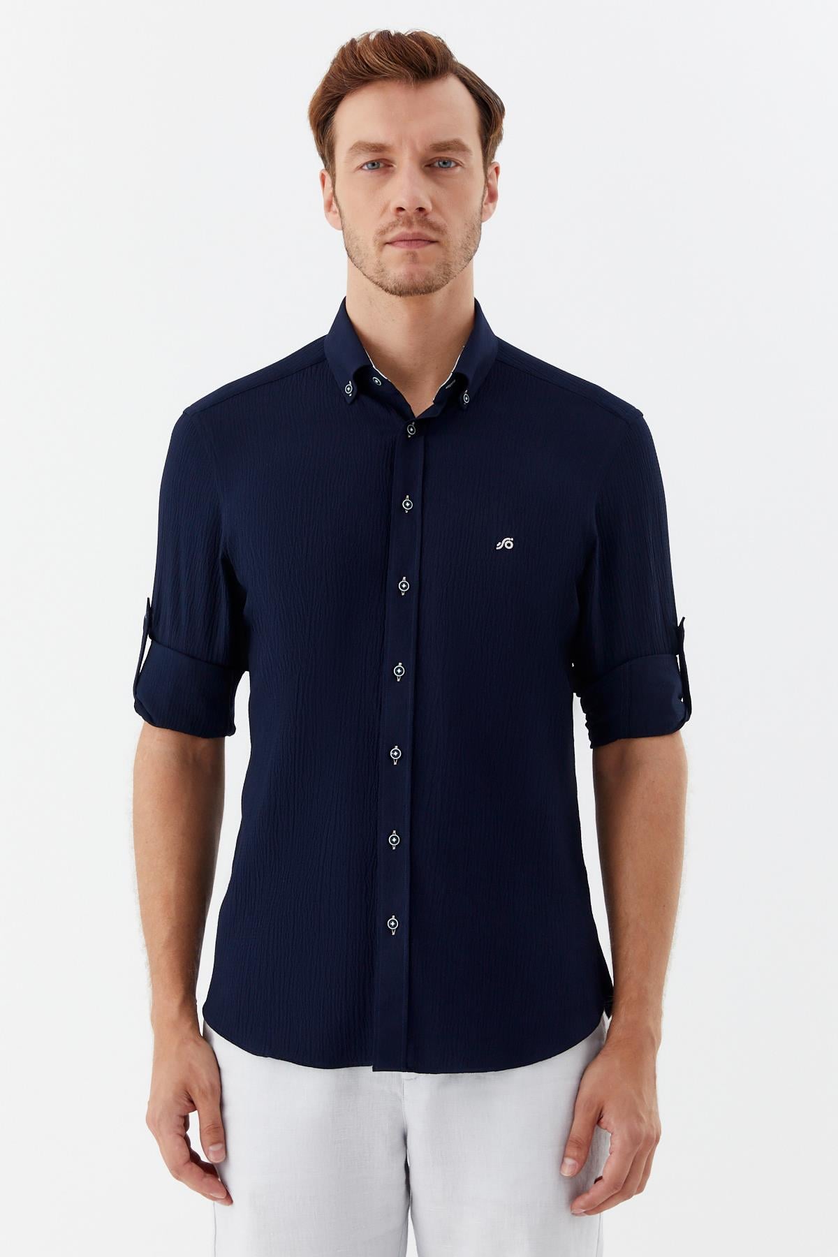 Erkek Lacivert Dar Kesim Slim Fit %100 Pamuk Uzun Kollu Düğmeli Yaka Gömlek