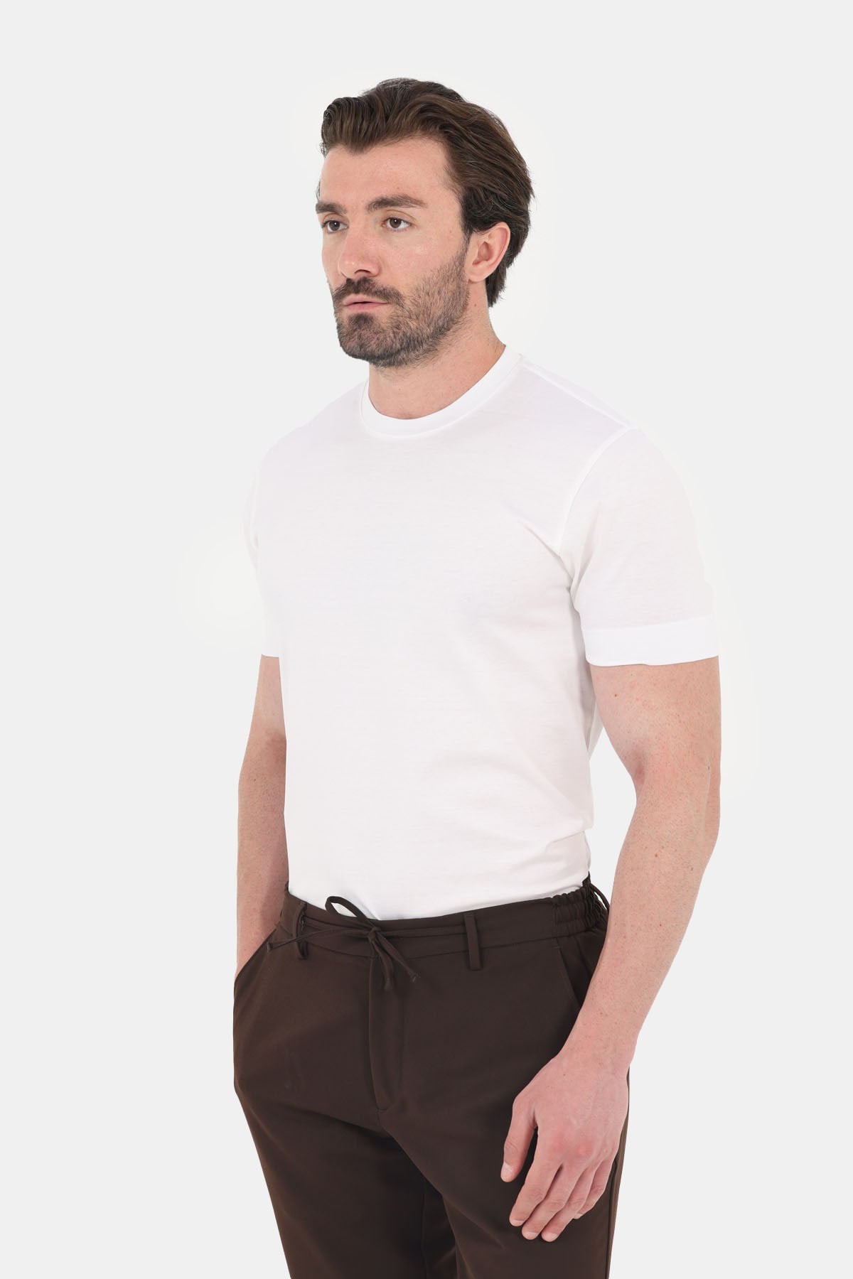 Ekru %100 Pamuk Regular Fit Bisiklet Yaka Basic T-Shirt