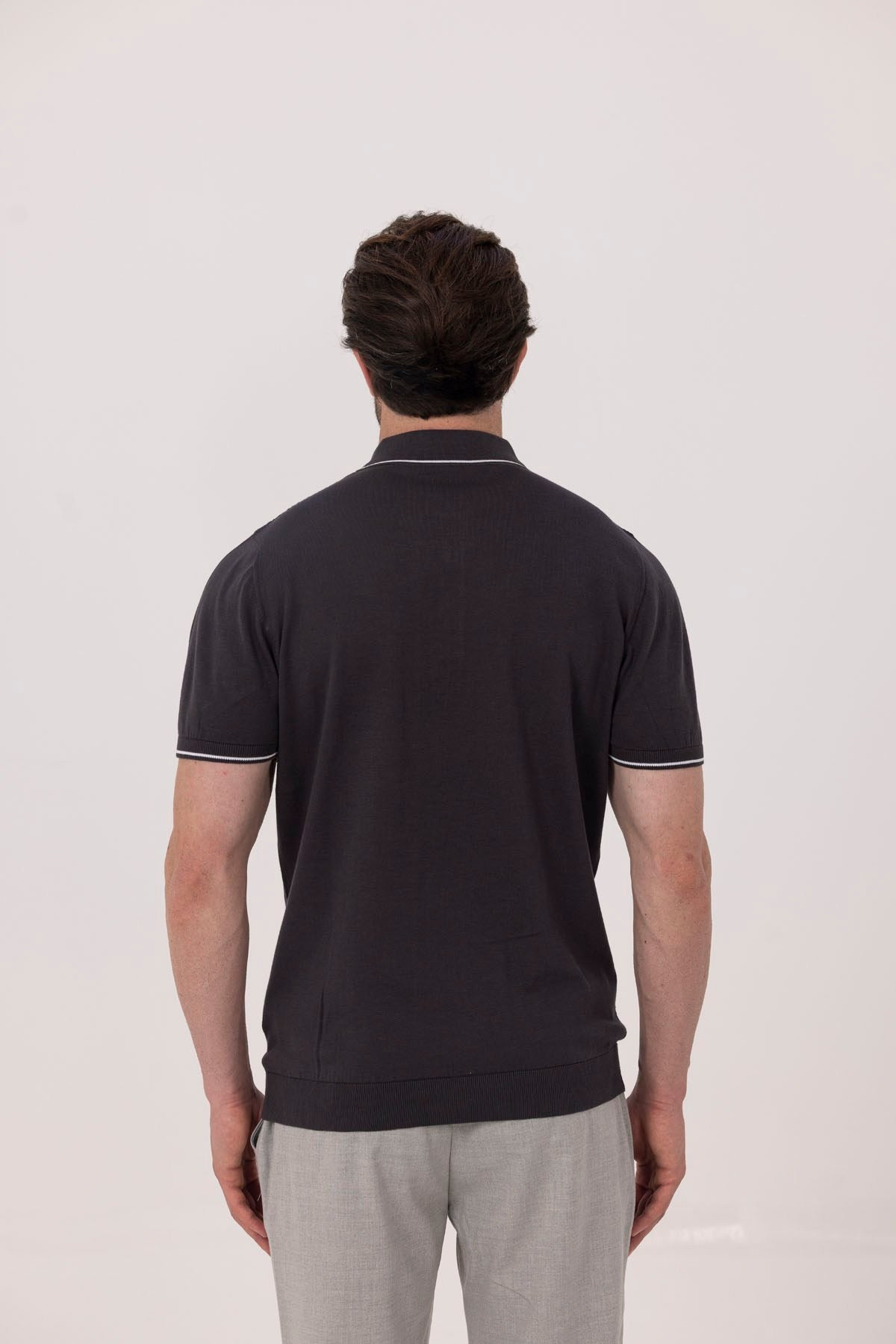 Erkek Antrasit Dar Kesim Slim Fit %100 Pamuk Jakarlı Triko Polo Yaka Tişört
