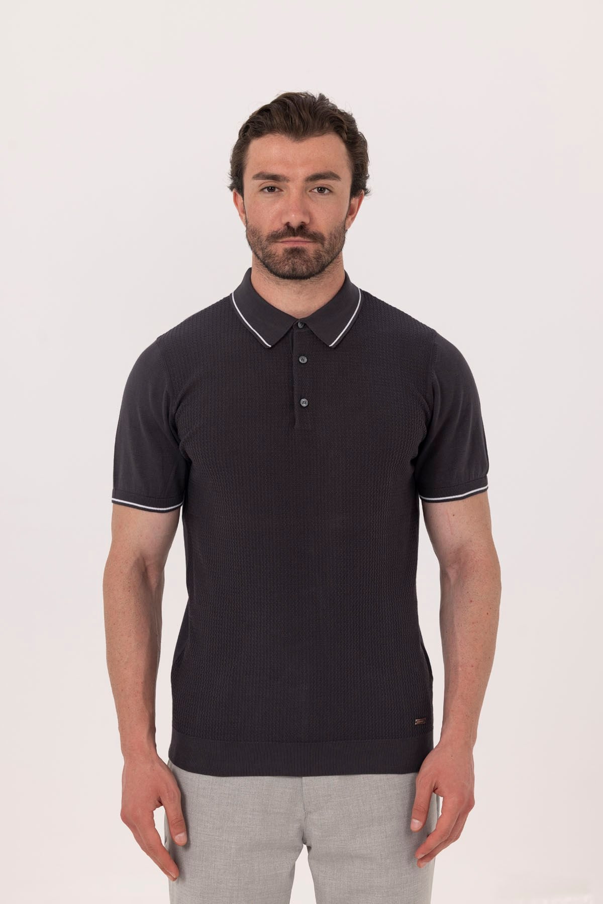 Erkek Antrasit Dar Kesim Slim Fit %100 Pamuk Jakarlı Triko Polo Yaka Tişört