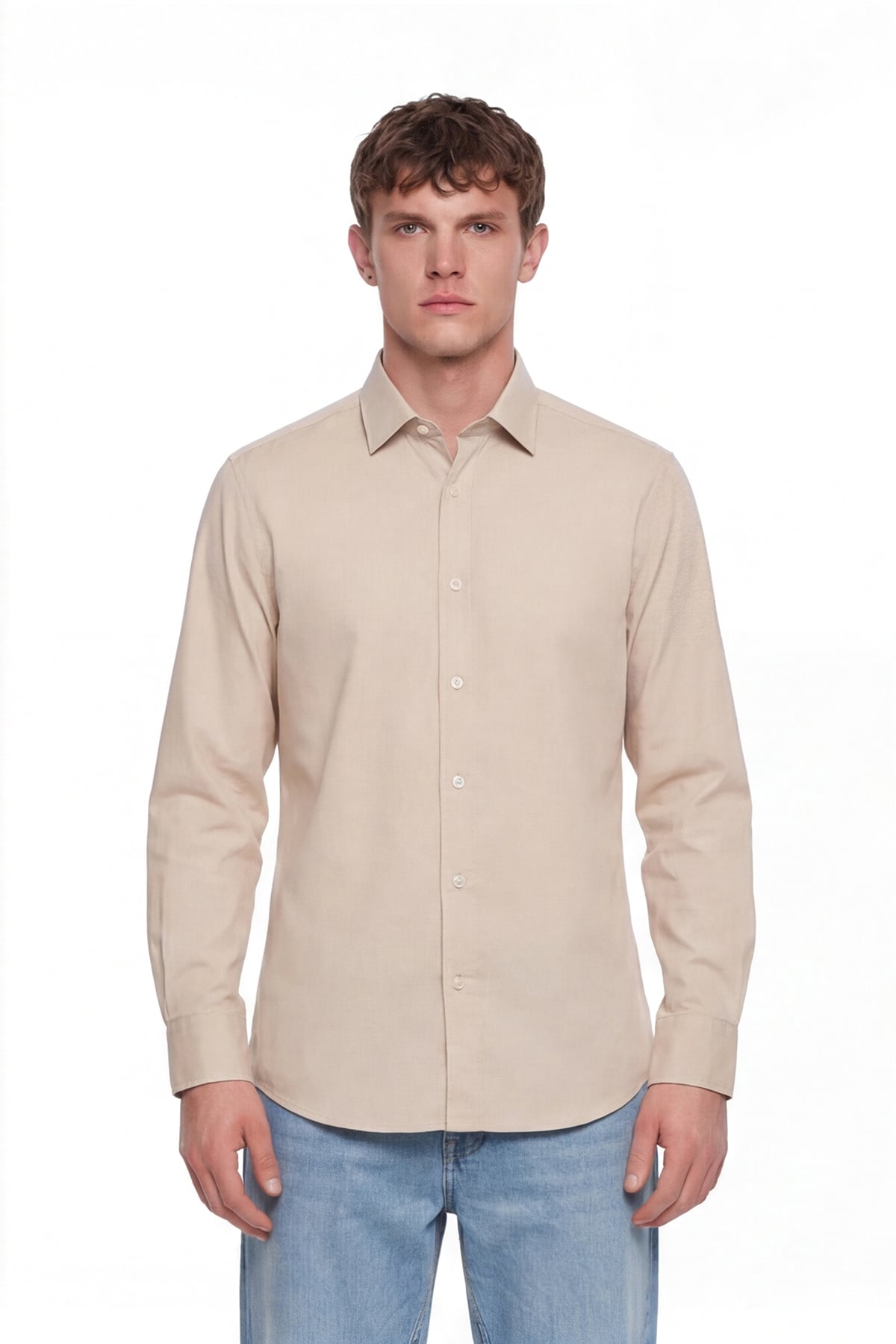 Erkek Bej Normal Kesim Regular Fit %100 Pamuk Gabardin Uzun Kollu Klasik Yaka Gömlek