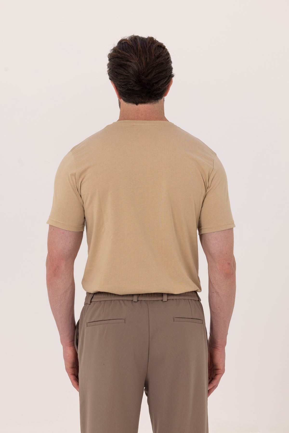 Bej %100 Pamuk Bisiklet Yaka Düz Renk Basic T-Shirt