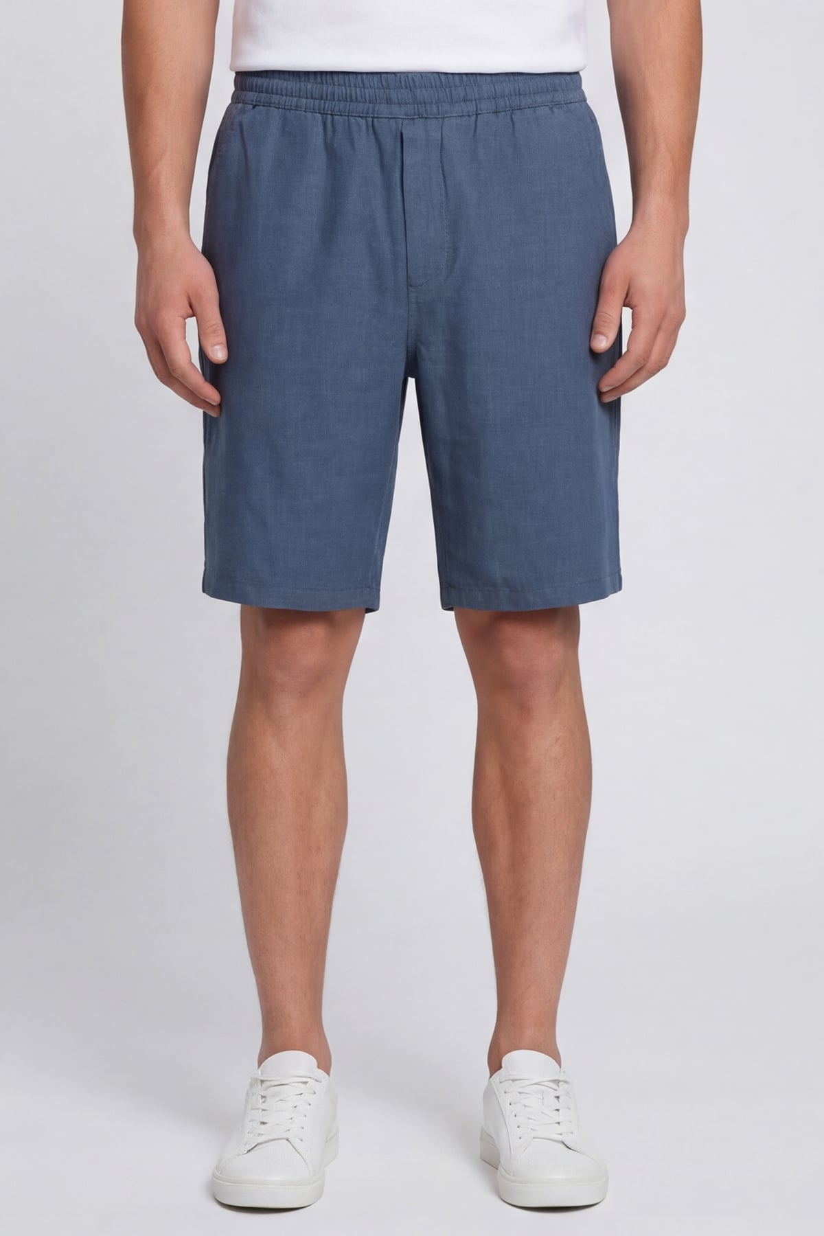 Erkek Lacivert Normal Kesim Regular Fit %100 Keten Lastikli Bel Bermuda Şort