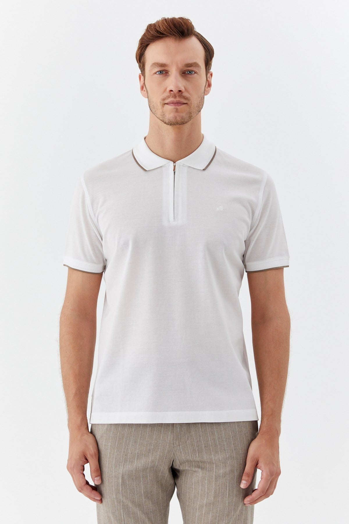 Beyaz Regular Fit %100 Pamuk Fermuarlı Polo Yaka T-Shirt