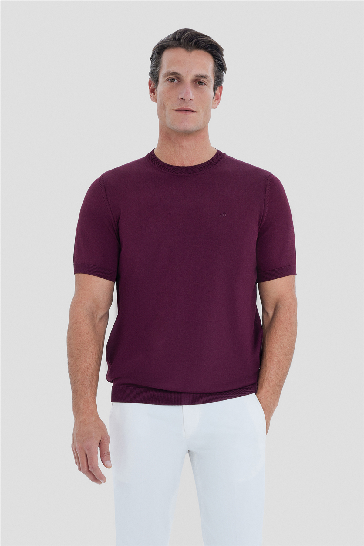Erkek Bordo Dar Kesim Slim Fit Viskon Triko Bisiklet Yaka Tişört