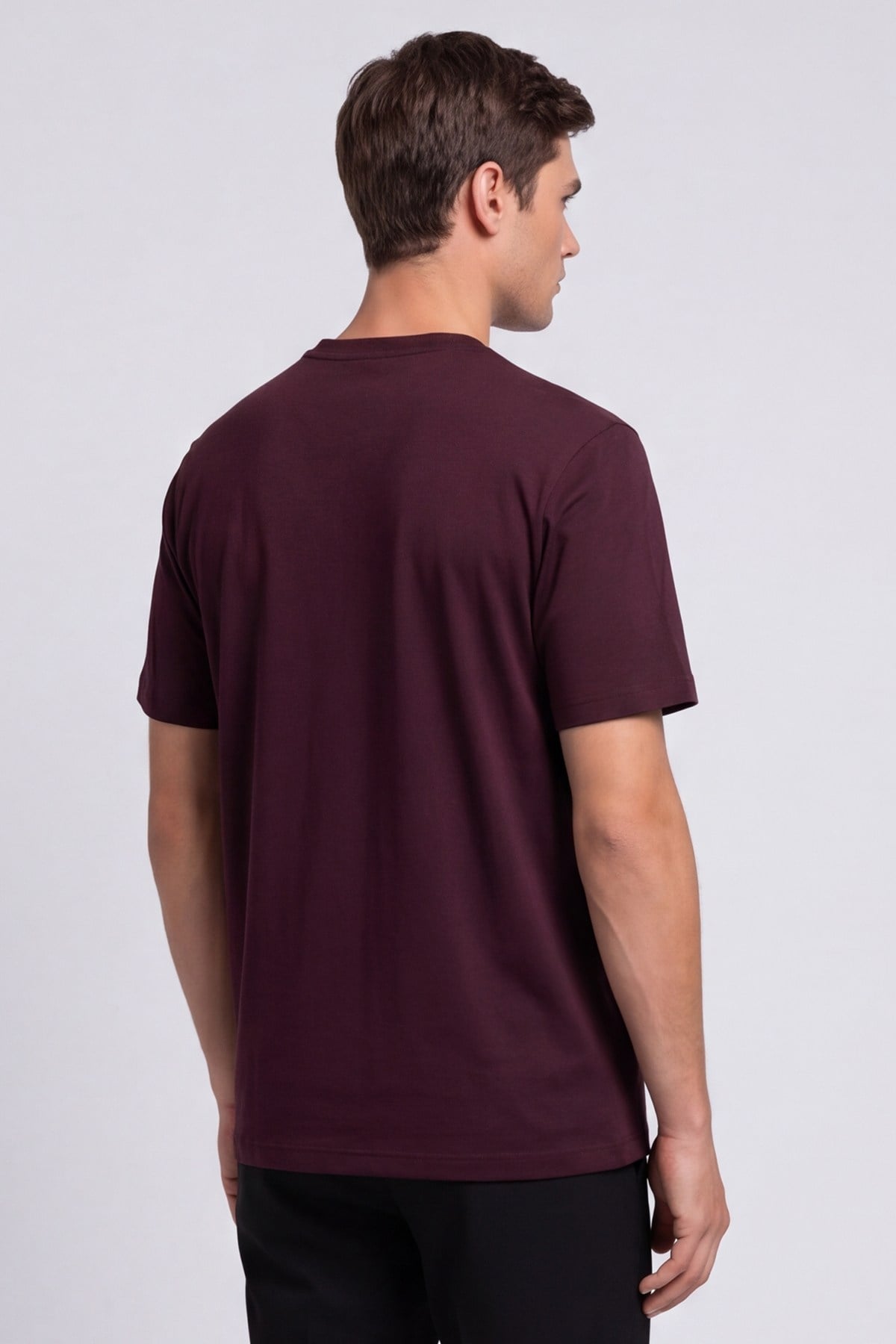 Bordo %100 Pamuk Bisiklet Yaka Düz Renk Basic T-Shirt