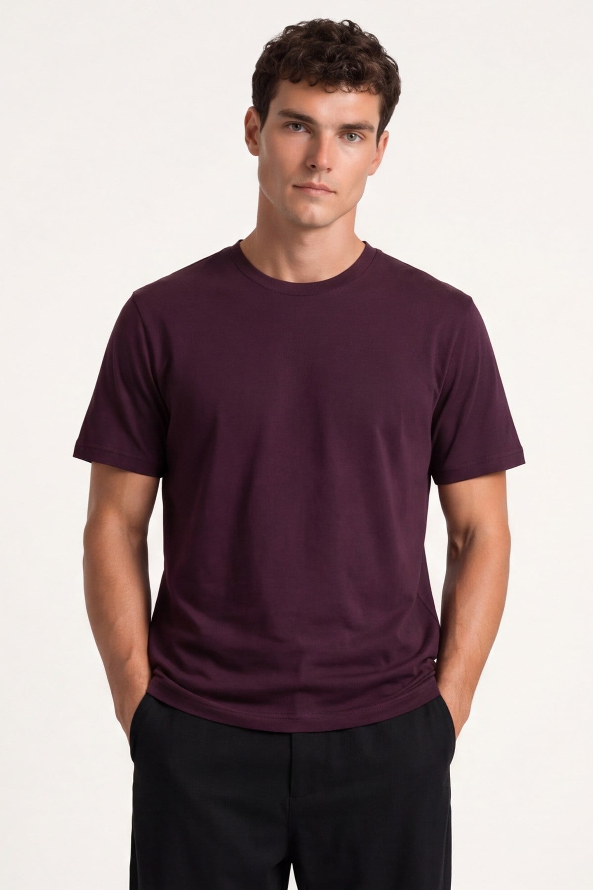 Erkek Bordo Normal Kesim Regular Fit %100 Pamuk Kısa Kollu Bisiklet Yaka Basic Tişört