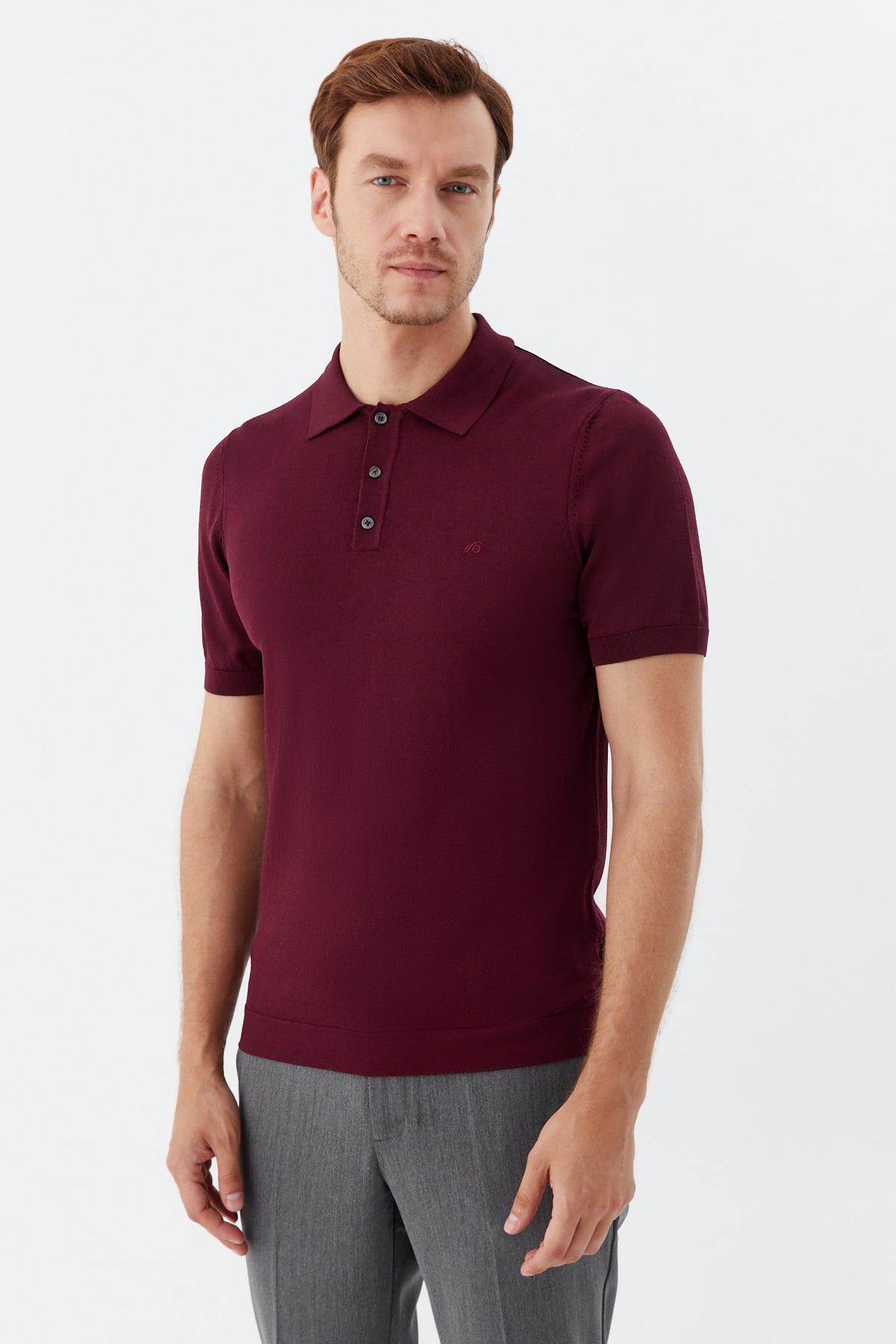 Erkek Bordo Normal Kesim Regular Fit Viskon Pike Düğmeli Polo Yaka Tişört
