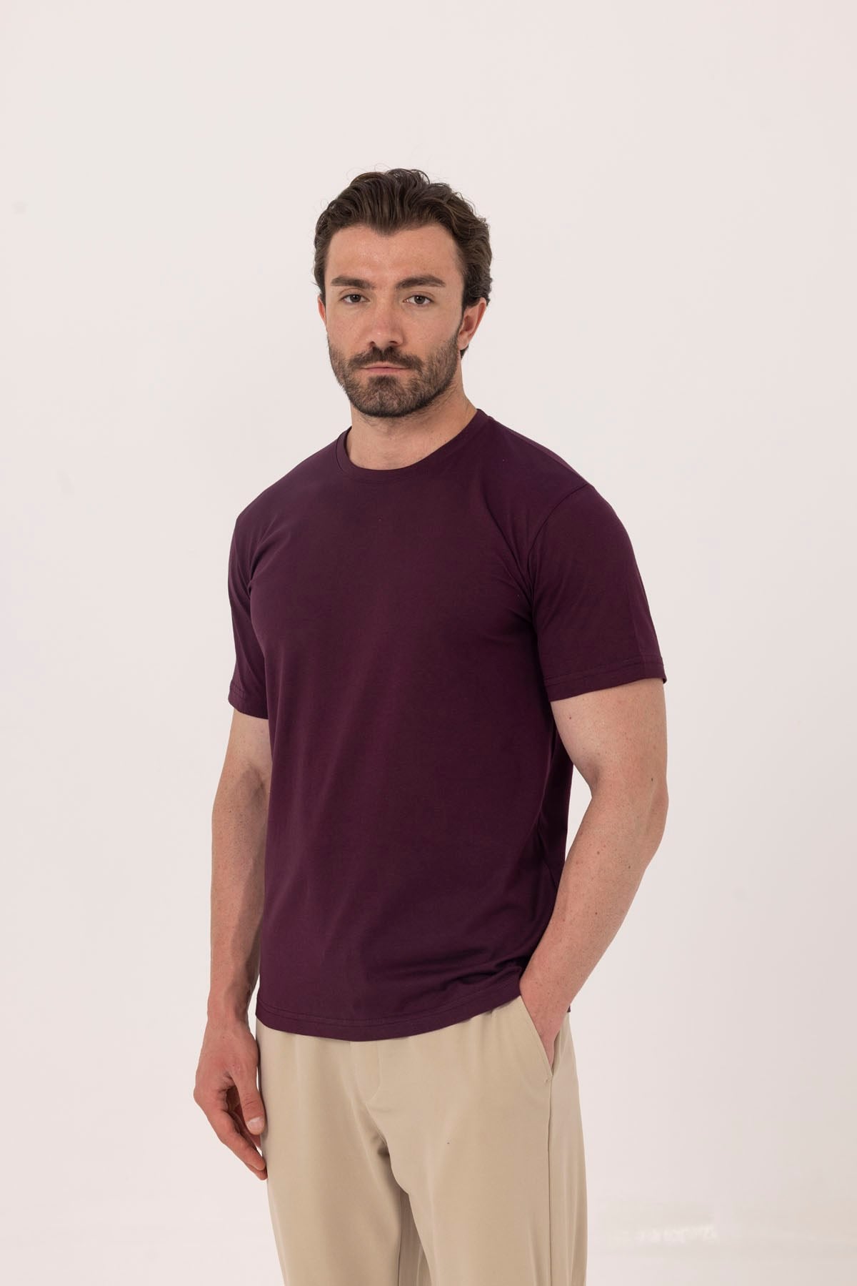 Bordo %100 Pamuk Bisiklet Yaka Düz Renk Basic T-Shirt
