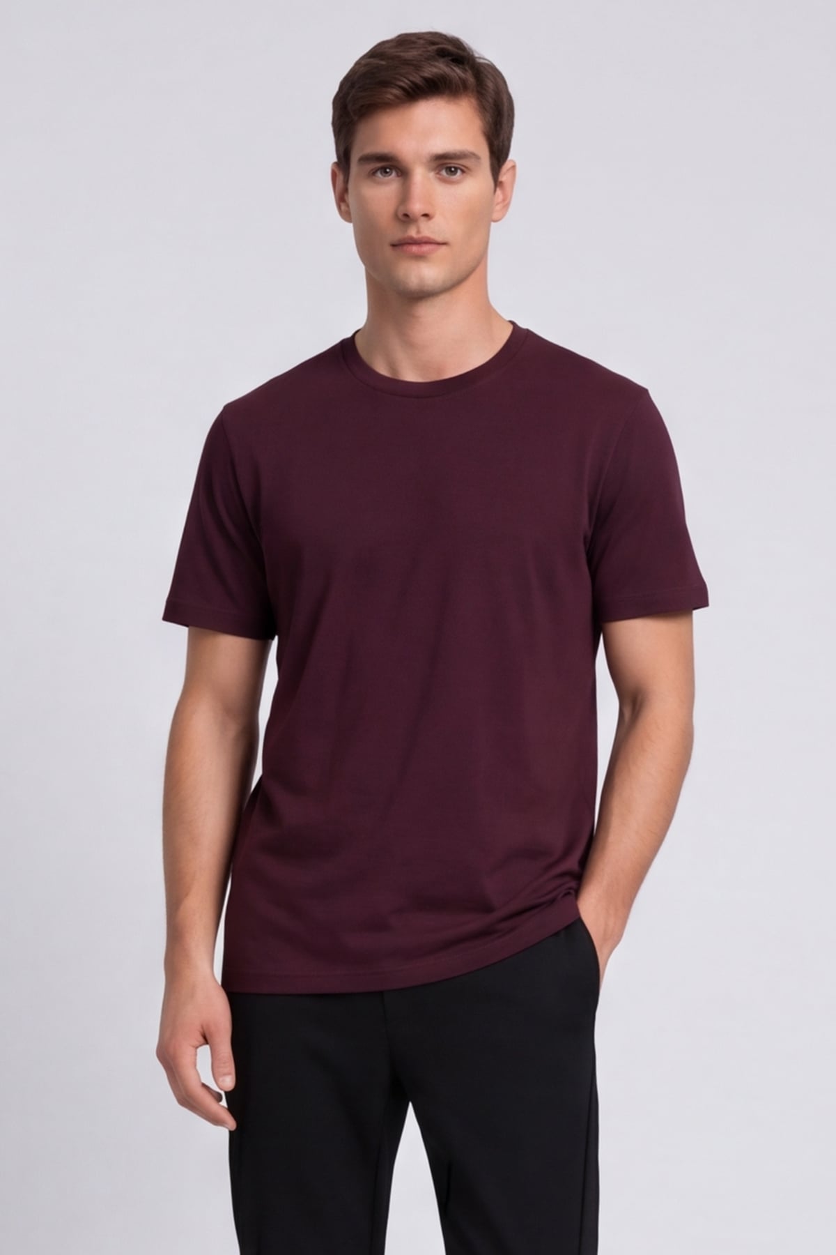 Erkek Bordo Normal Kesim Regular Fit %100 Pamuk Bisiklet Yaka Basic Tişört