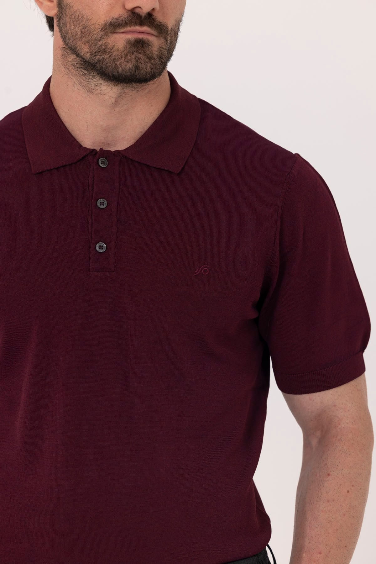 Bordo Göğüs Nakış Detaylı Polo Yaka Triko T-Shırt