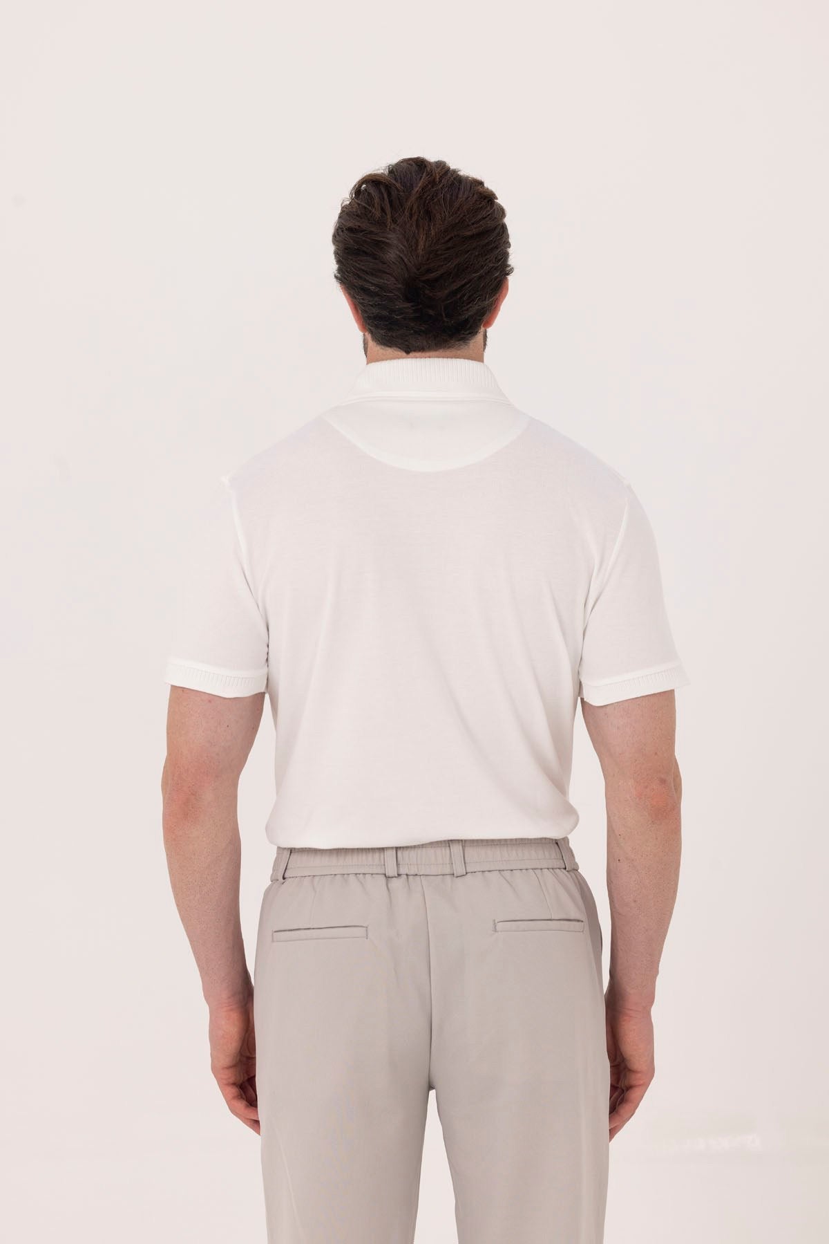 Ekru %100 Pamuk Gizli Fermuarlı Polo Yaka T-Shirt