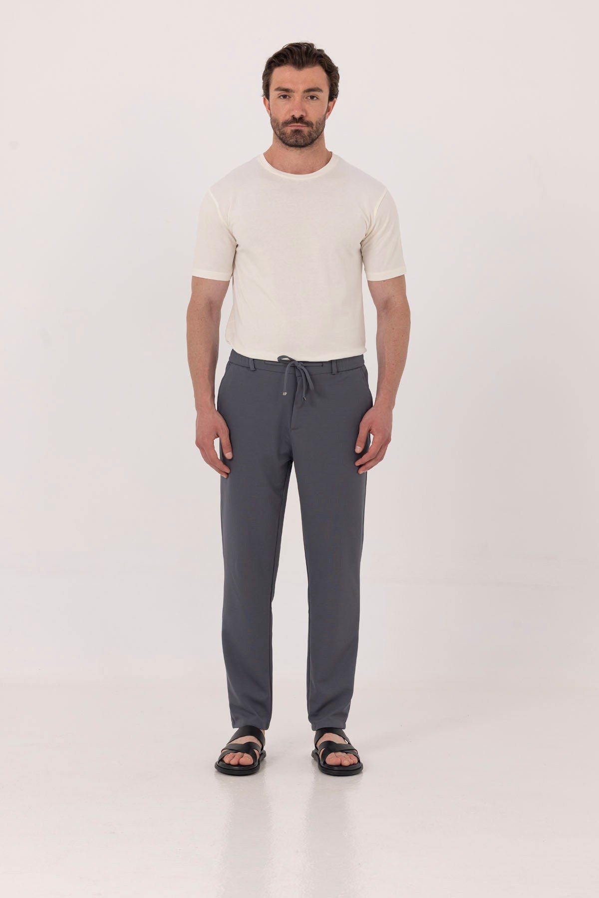 Füme Dokulu Arka Lastikli Köprü Kemerli Bağcıklı Slim Fit Jogger Pantolon