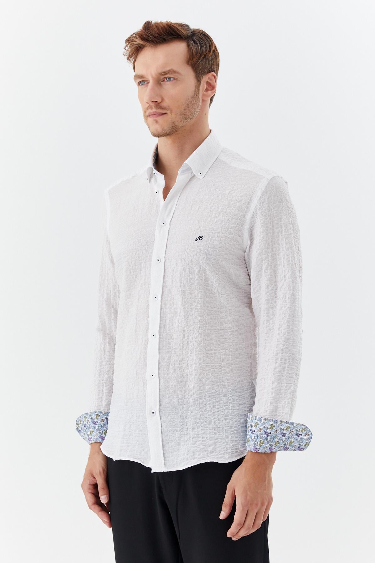 Erkek Beyaz Dar Kesim Slim Fit %100 Pamuk Baskılı Düğmeli Yaka Gömlek