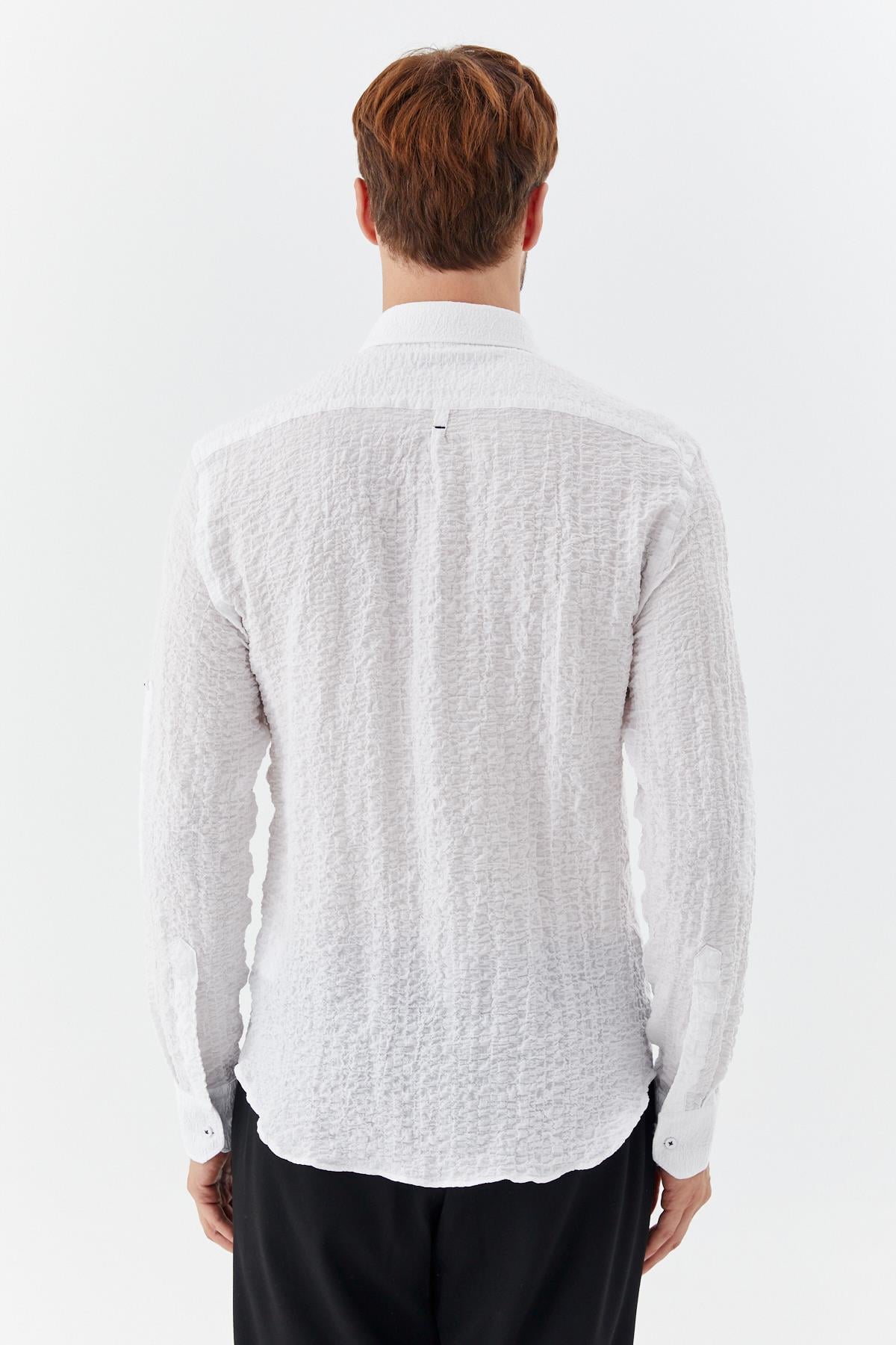 Erkek Beyaz Dar Kesim Slim Fit %100 Pamuk Baskılı Düğmeli Yaka Gömlek