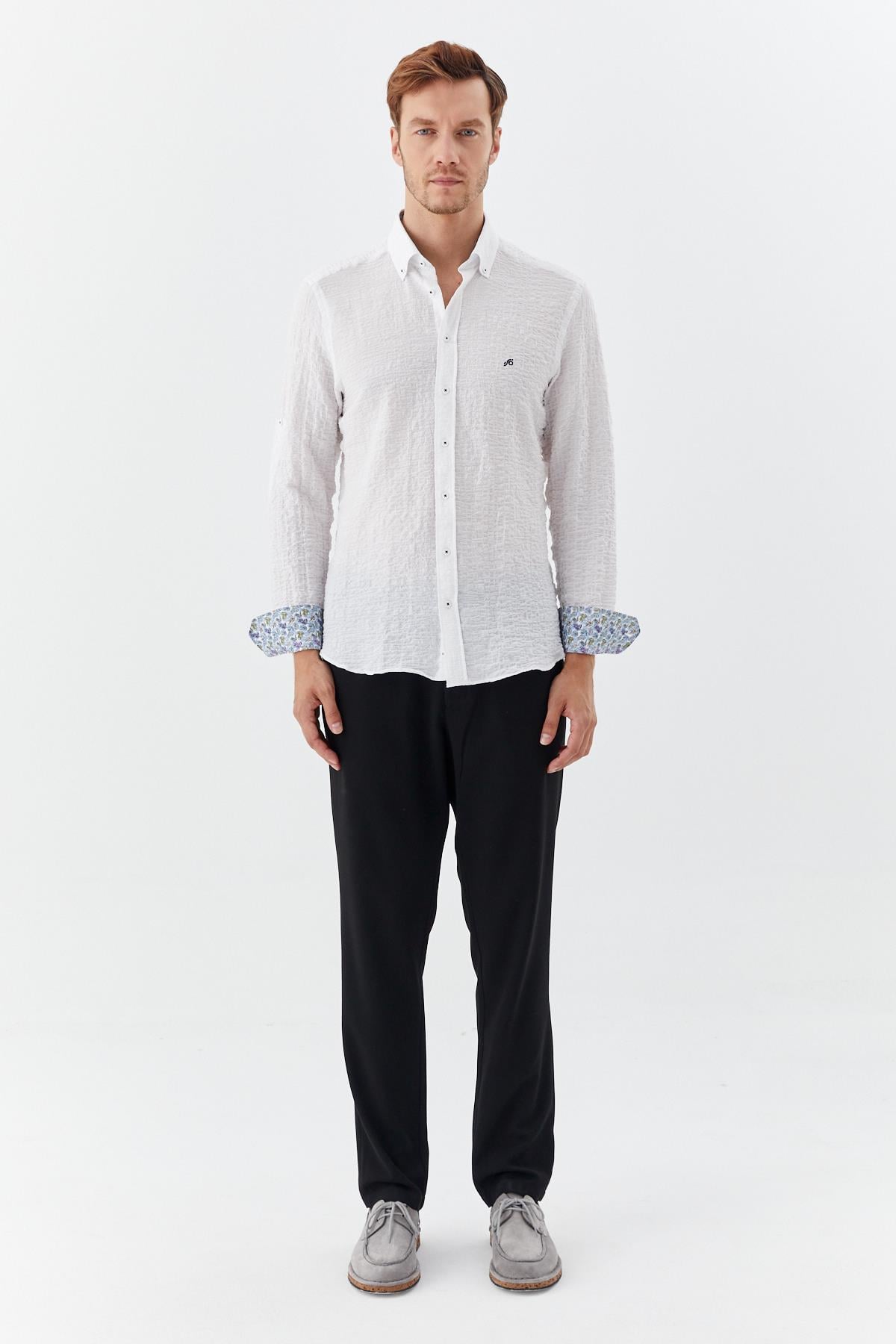 Erkek Beyaz Dar Kesim Slim Fit %100 Pamuk Baskılı Düğmeli Yaka Gömlek