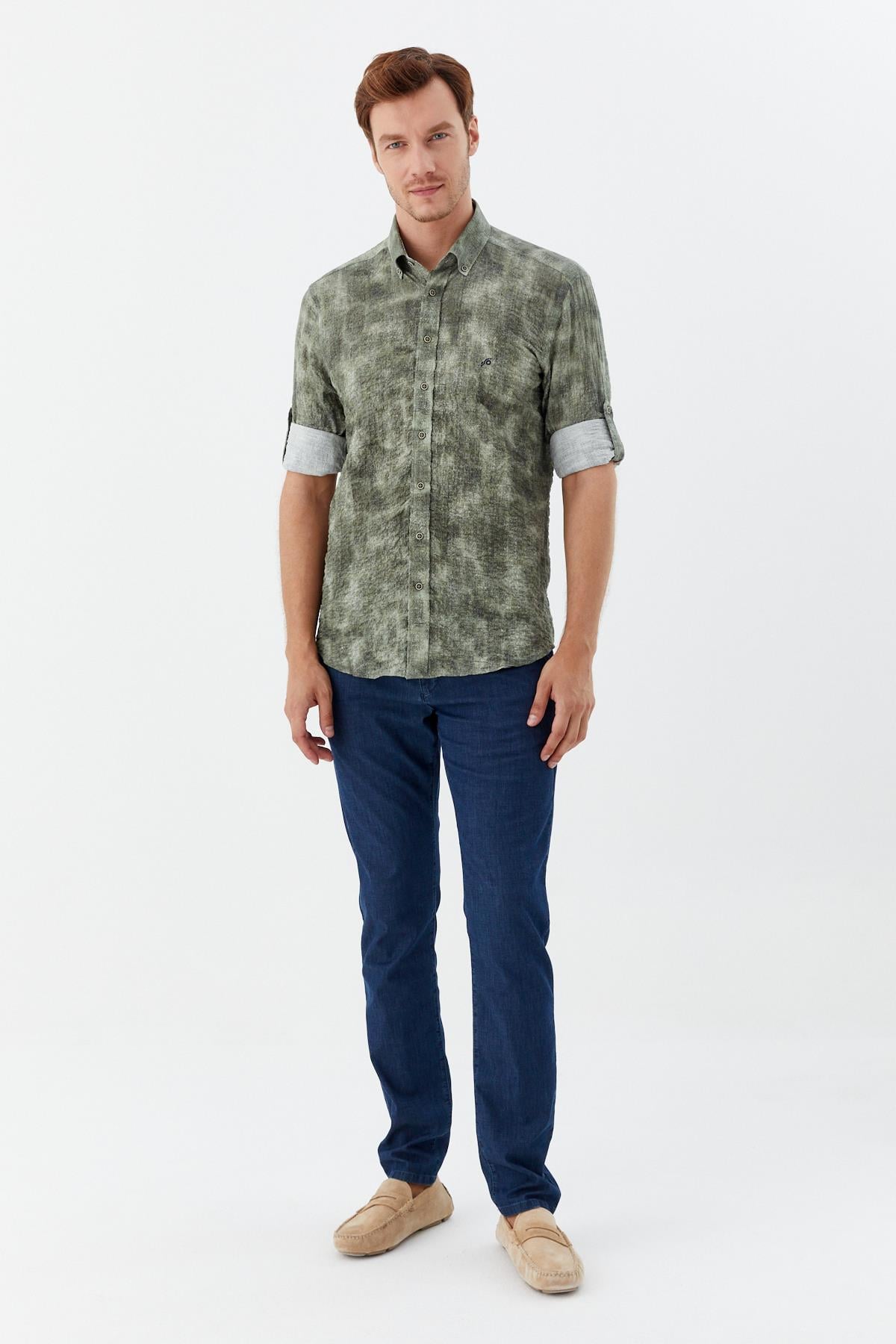 Erkek Haki Dar Kesim Slim Fit %100 Pamuk Baskılı Düğmeli Yaka Gömlek