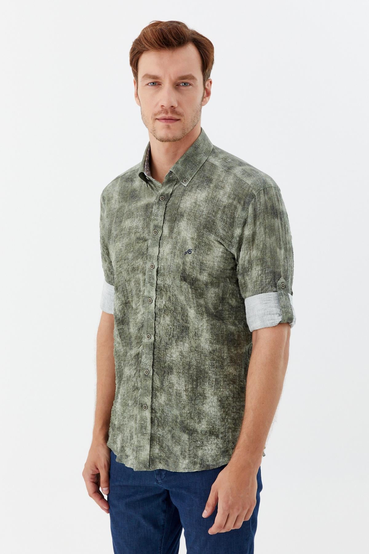 Erkek Haki Dar Kesim Slim Fit %100 Pamuk Baskılı Düğmeli Yaka Gömlek