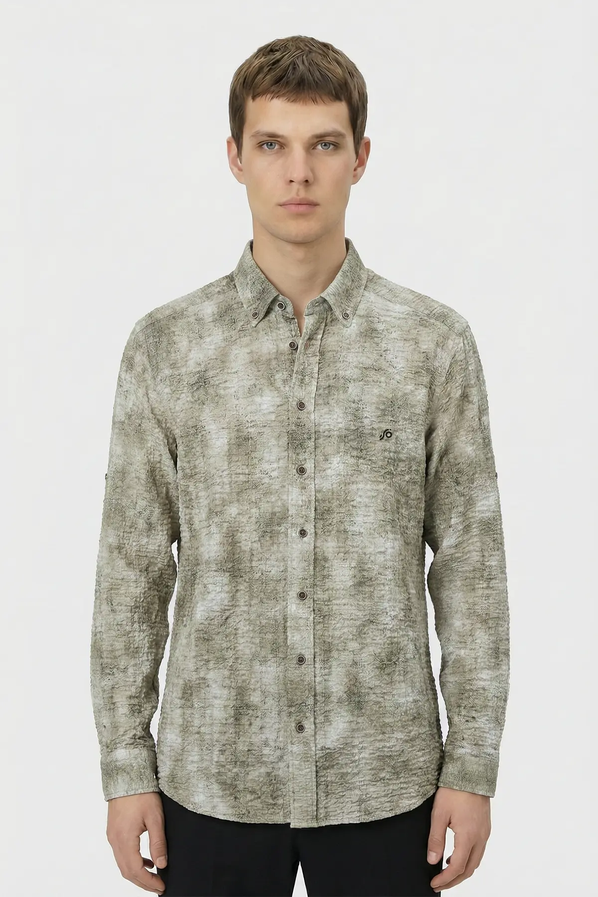 Erkek Vizon Dar Kesim Slim Fit %100 Pamuk Baskılı Düğmeli Yaka Gömlek