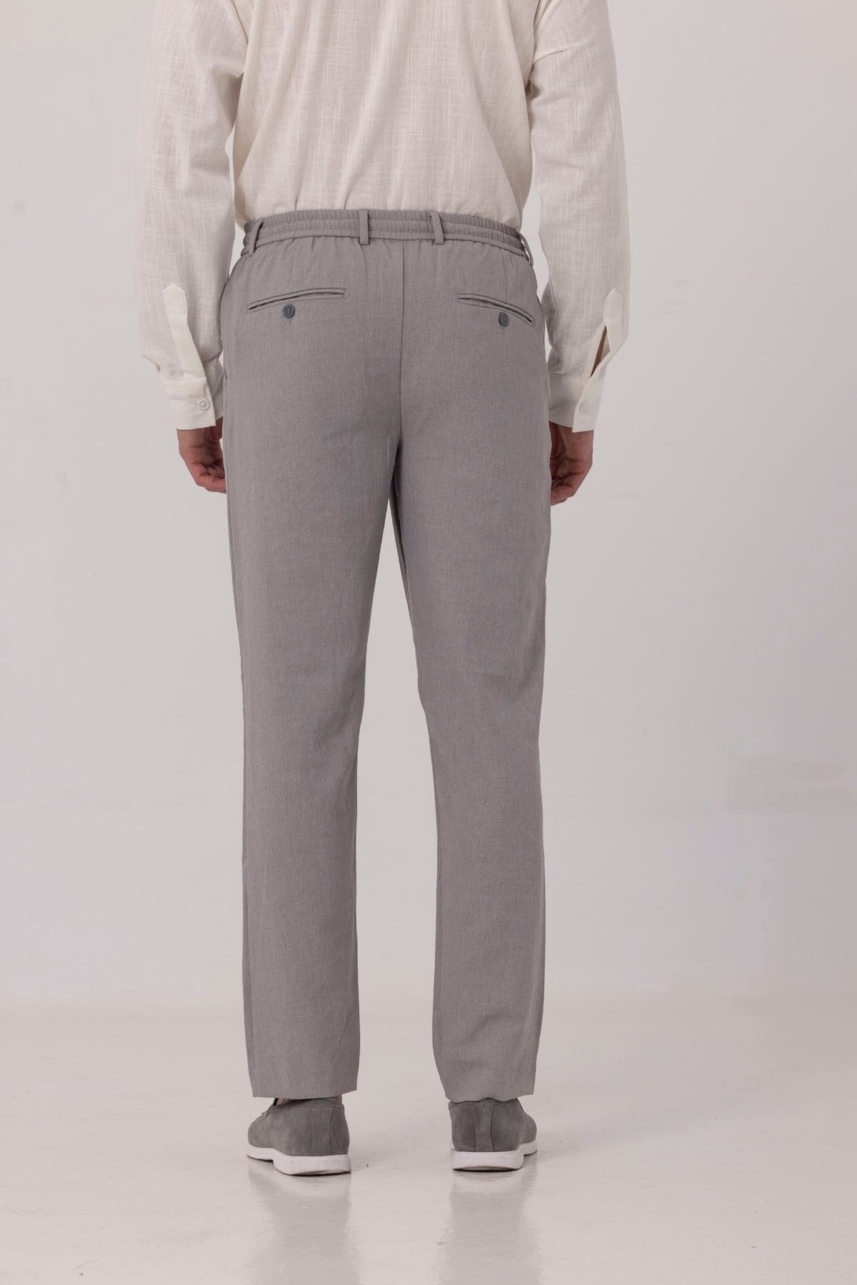 Gri Keten Görünümlü Arka Lastikli Köprü Kemerli Bağcıklı Regular Fit Jogger Pantolon