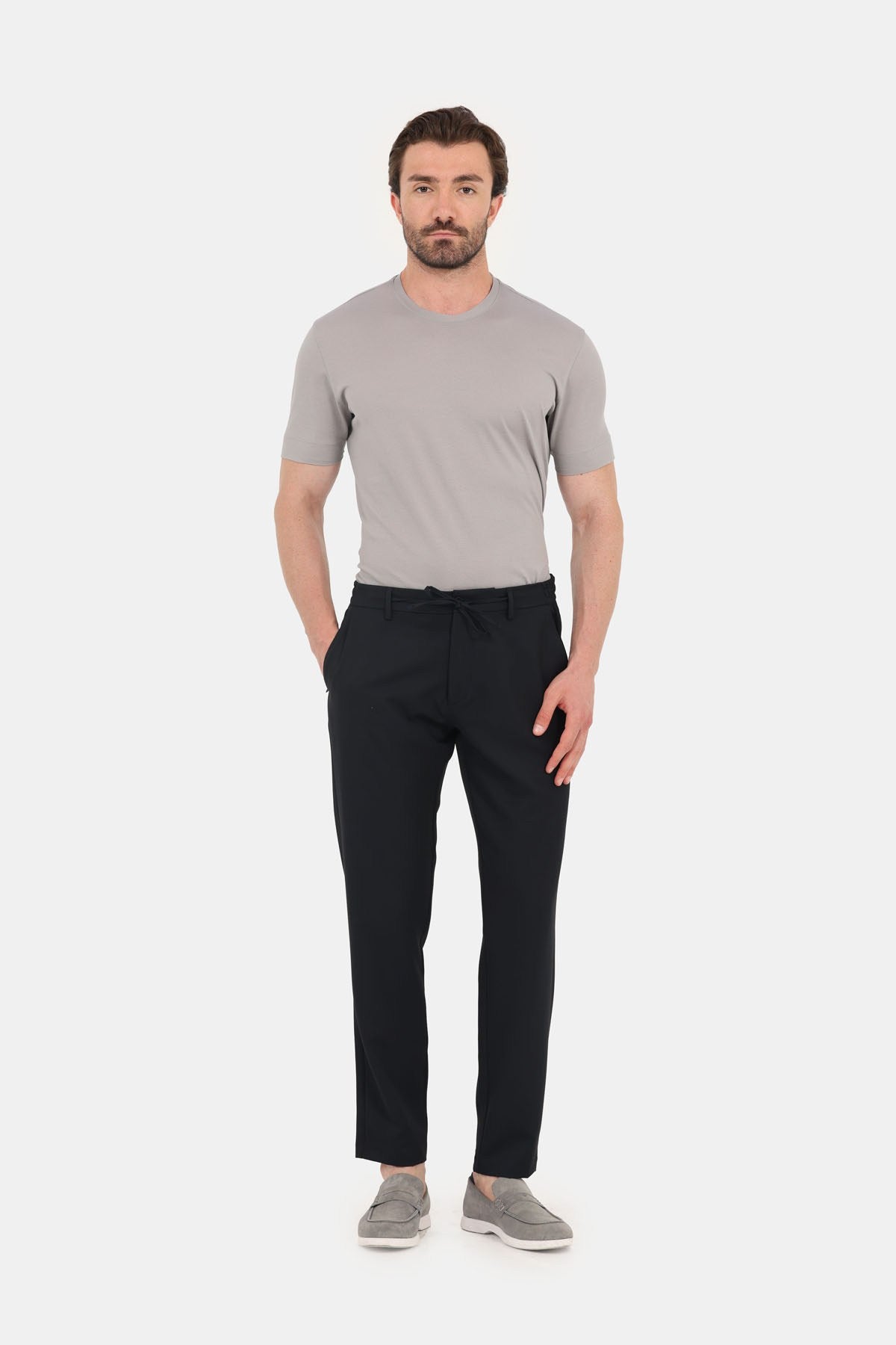 Gri %100 Pamuk Regular Fit Dokuma Bisiklet Yaka Basic T-Shirt