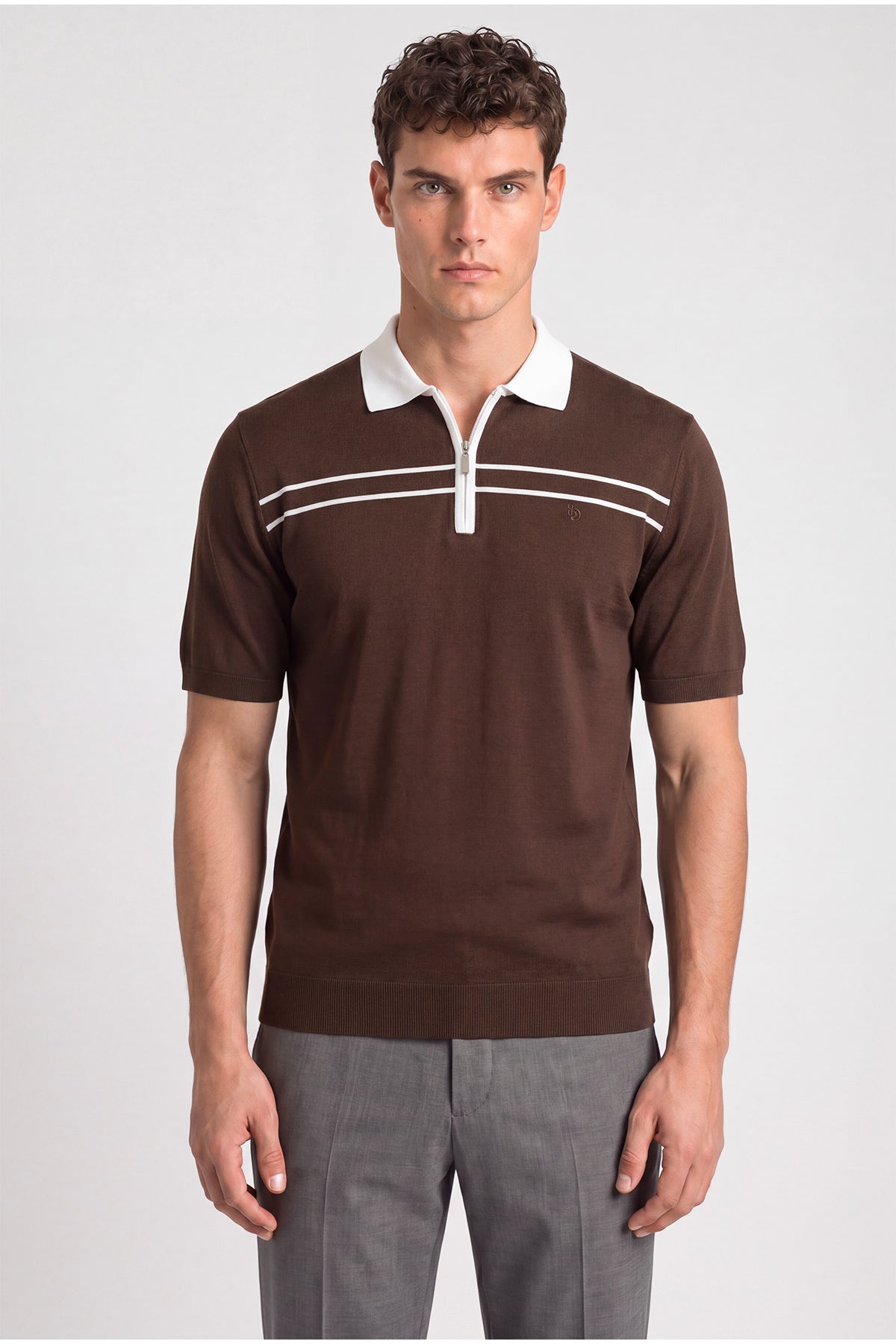 Kahve Regular Fit Örme Fermuarlı Polo Yaka Triko T-Shirt