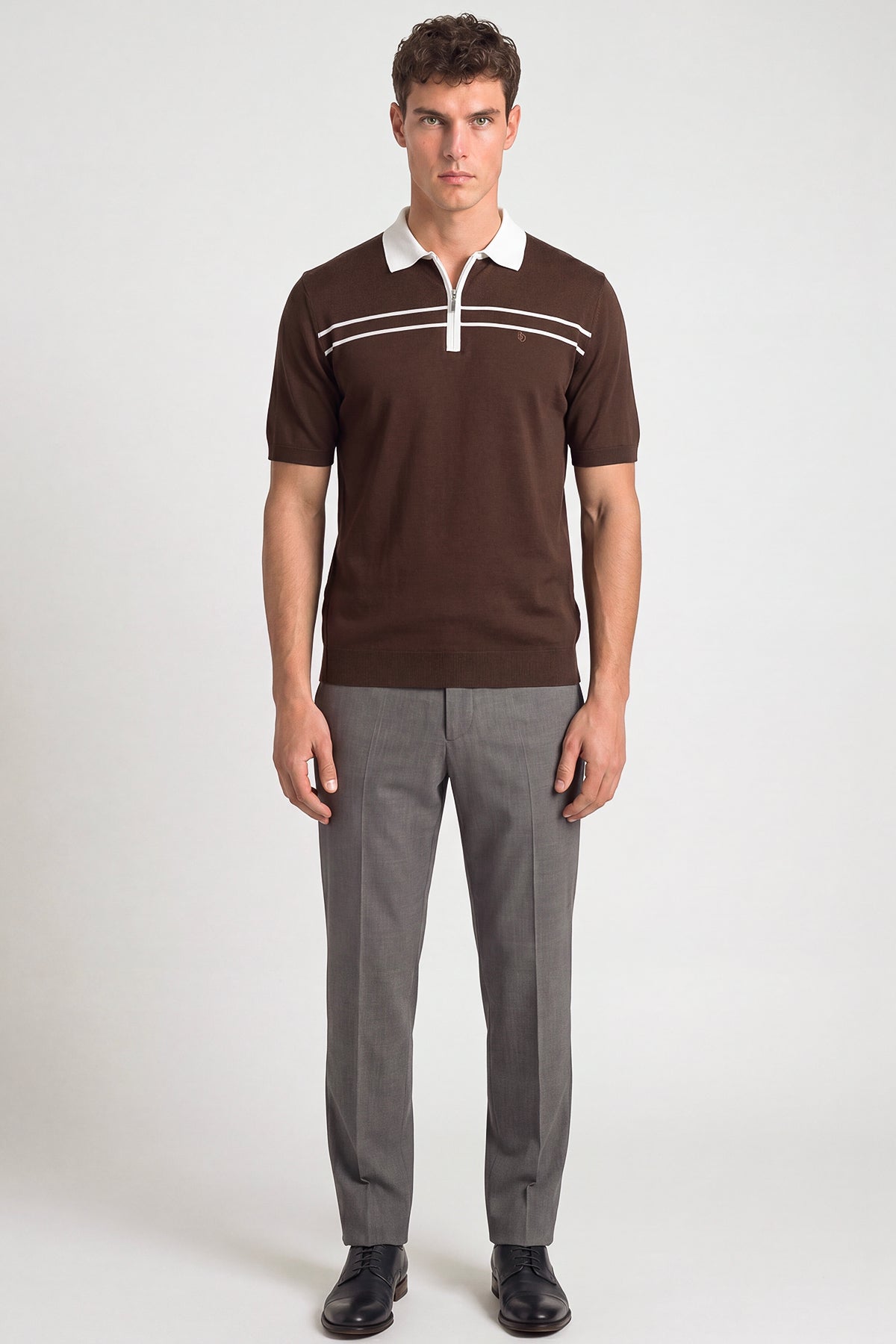Kahve Regular Fit Örme Fermuarlı Polo Yaka Triko T-Shirt