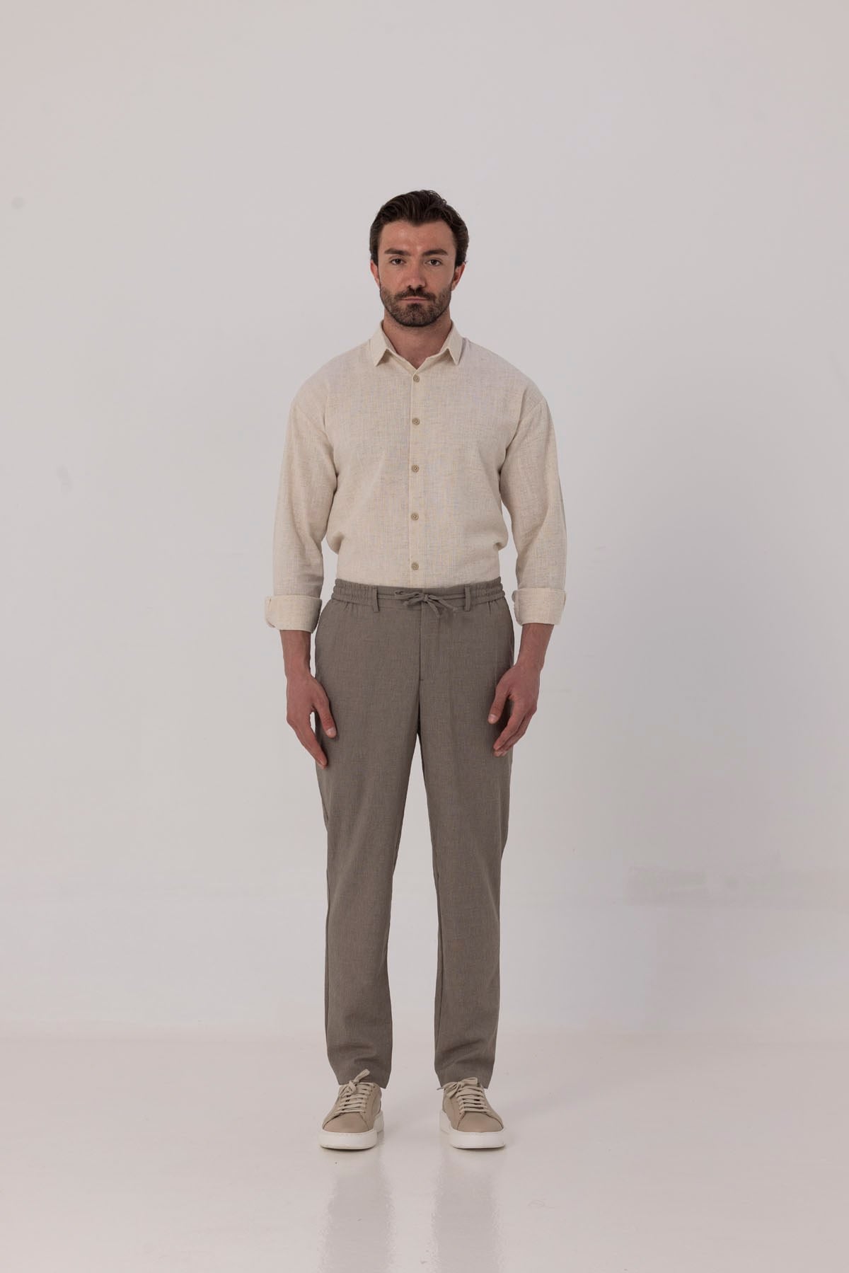 Kahverengi Dokulu Arka Lastikli Köprü Kemerli Bağcıklı Slim Fit Jogger Pantolon