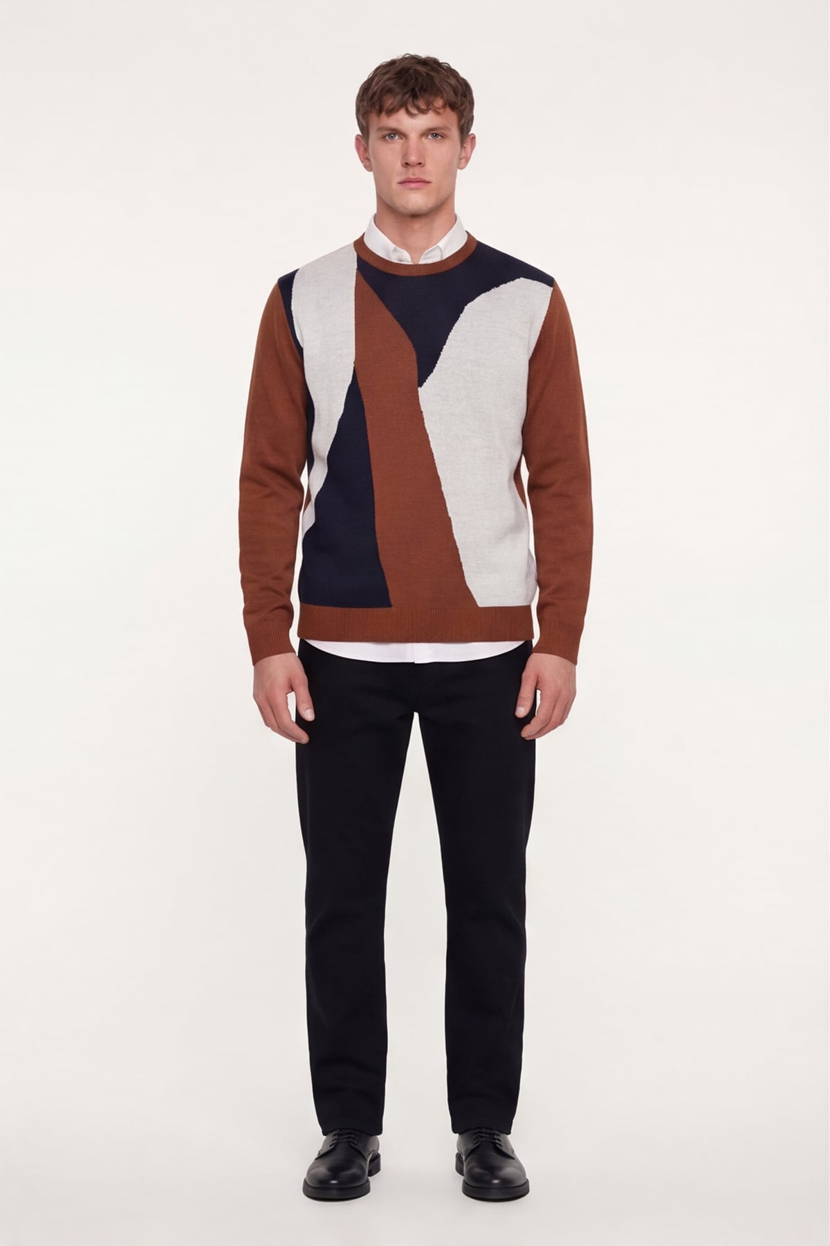 Erkek Kiremit Normal Kesim Regular Fit Yünlü Desenli Bisiklet Yaka Triko Kazak