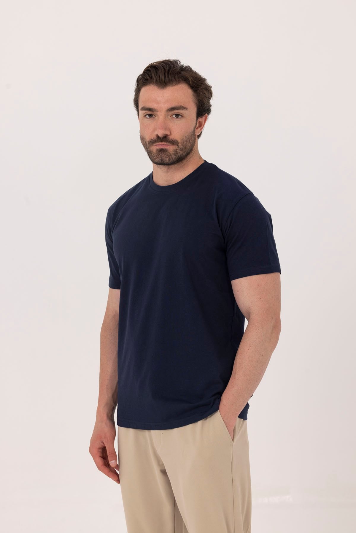 Lacivert %100 Pamuk Bisiklet Yaka Düz Renk Basic T-Shirt