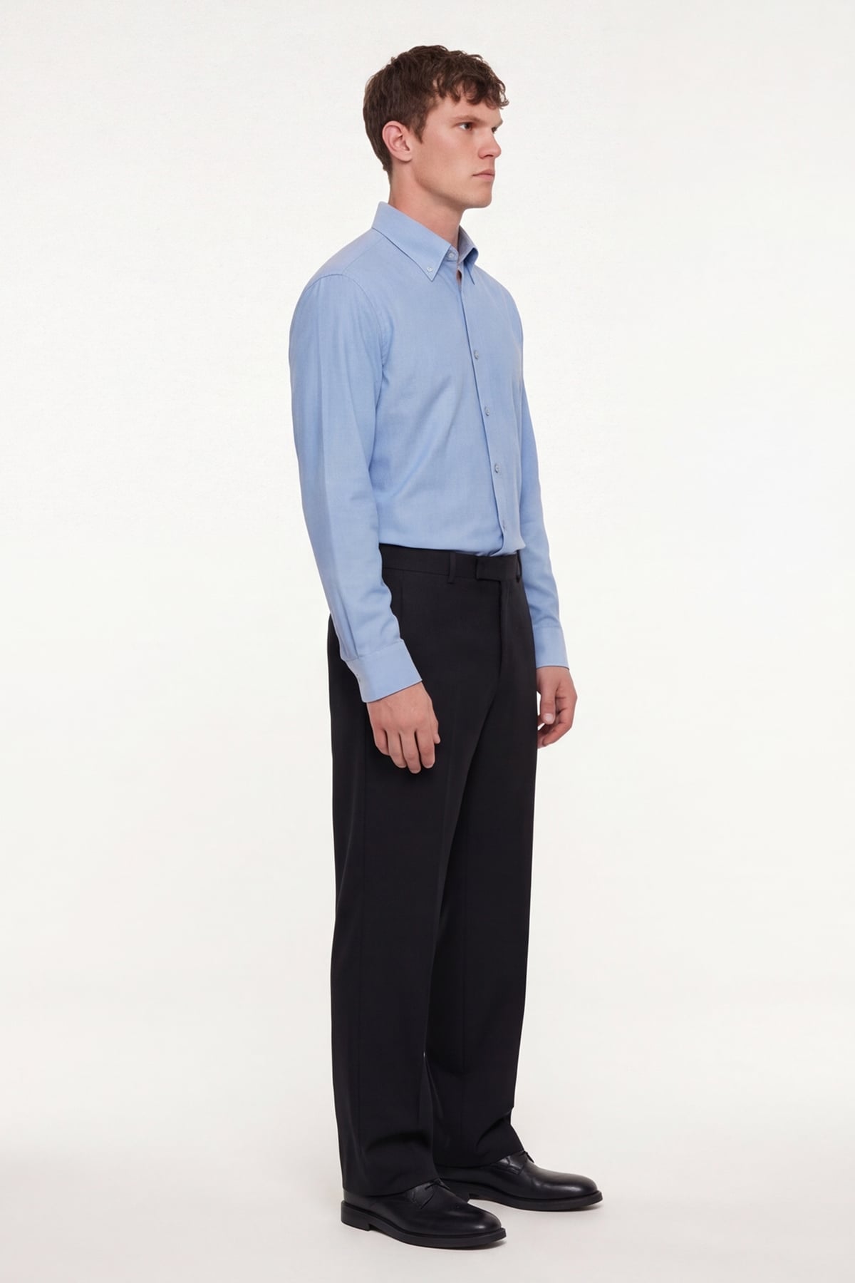 Erkek Mavi Dar Kesim Slim Fit Pamuklu Düz Örme Uzun Kollu Düğmeli Yaka Gömlek