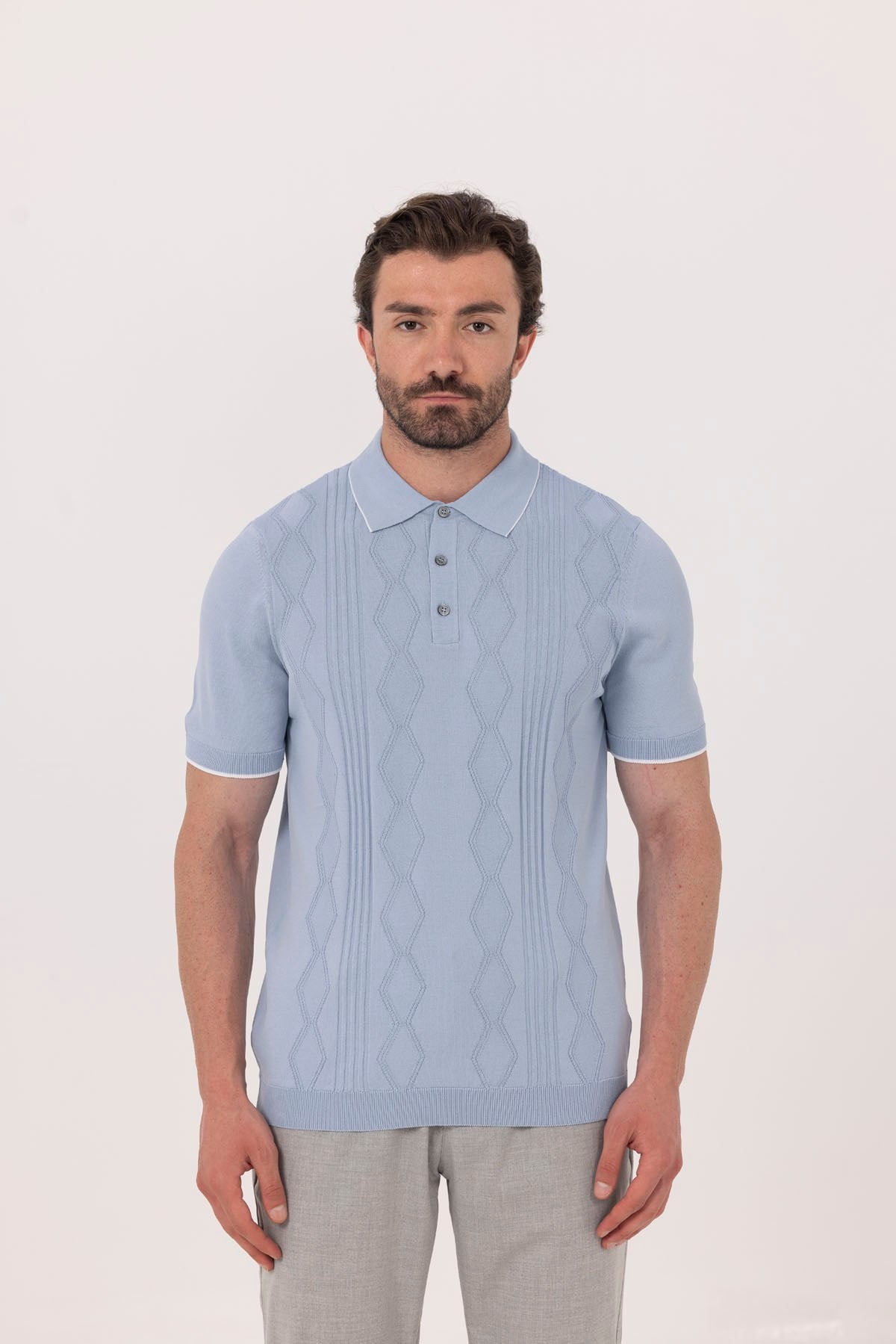 Erkek Mavi Normal Kesim Regular Fit Pamuklu Triko Düğmeli Polo Yaka Tişört