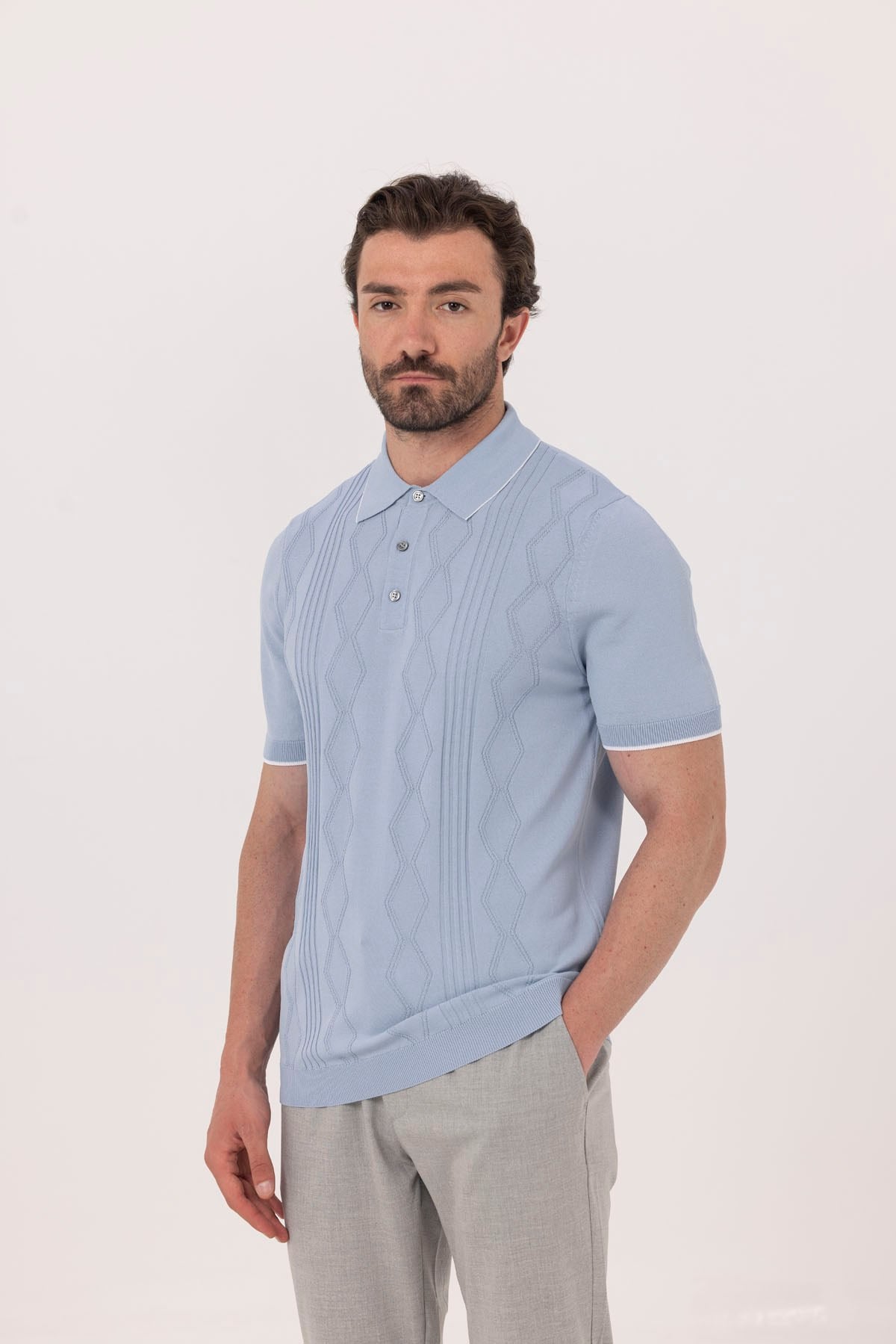 Erkek Mavi Normal Kesim Regular Fit Pamuklu Triko Düğmeli Polo Yaka Tişört